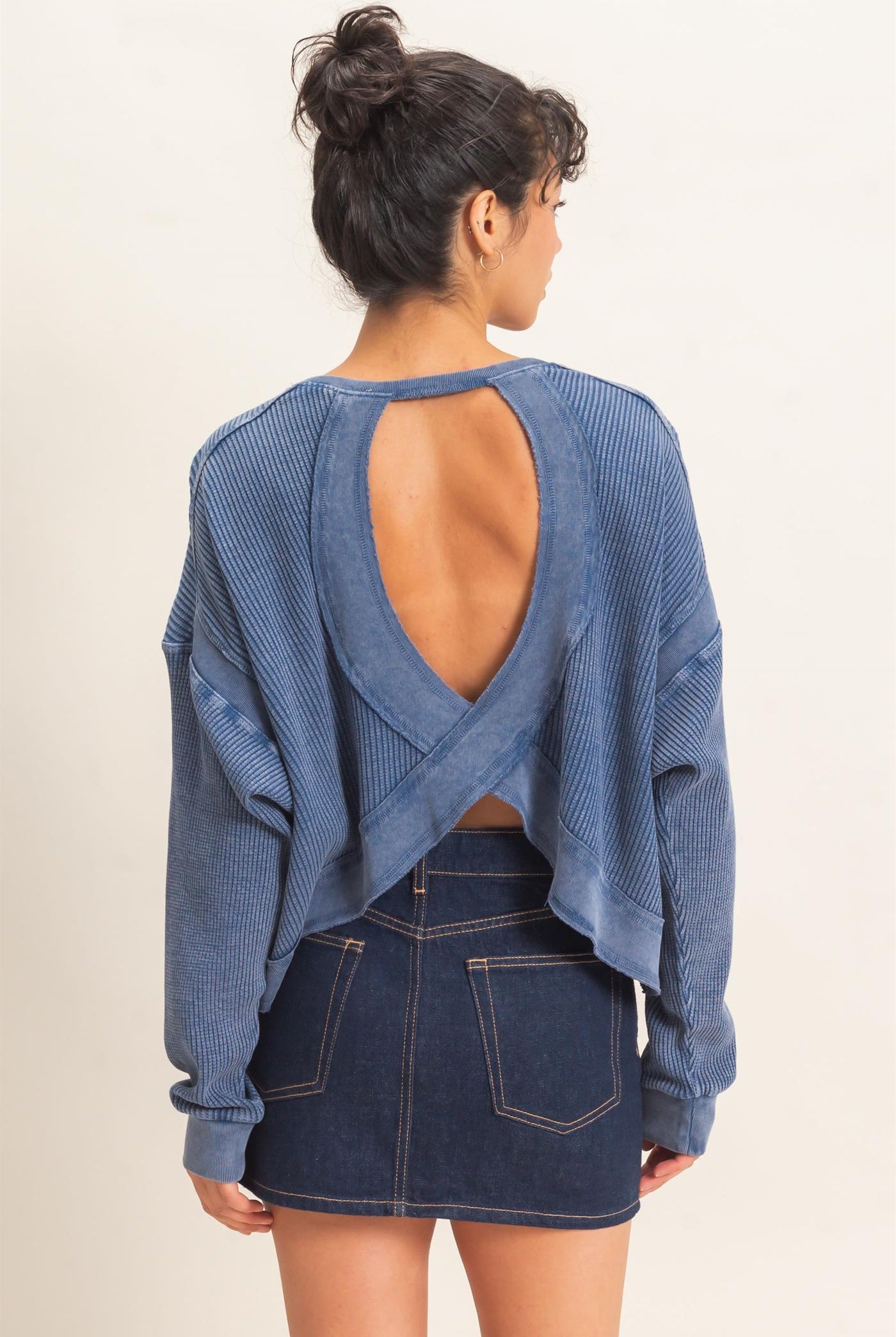 Wholesale Mineral Wash Waffle Open Back Top Clothing Tops DZ26C964 NAVY DOUBLE ZERO