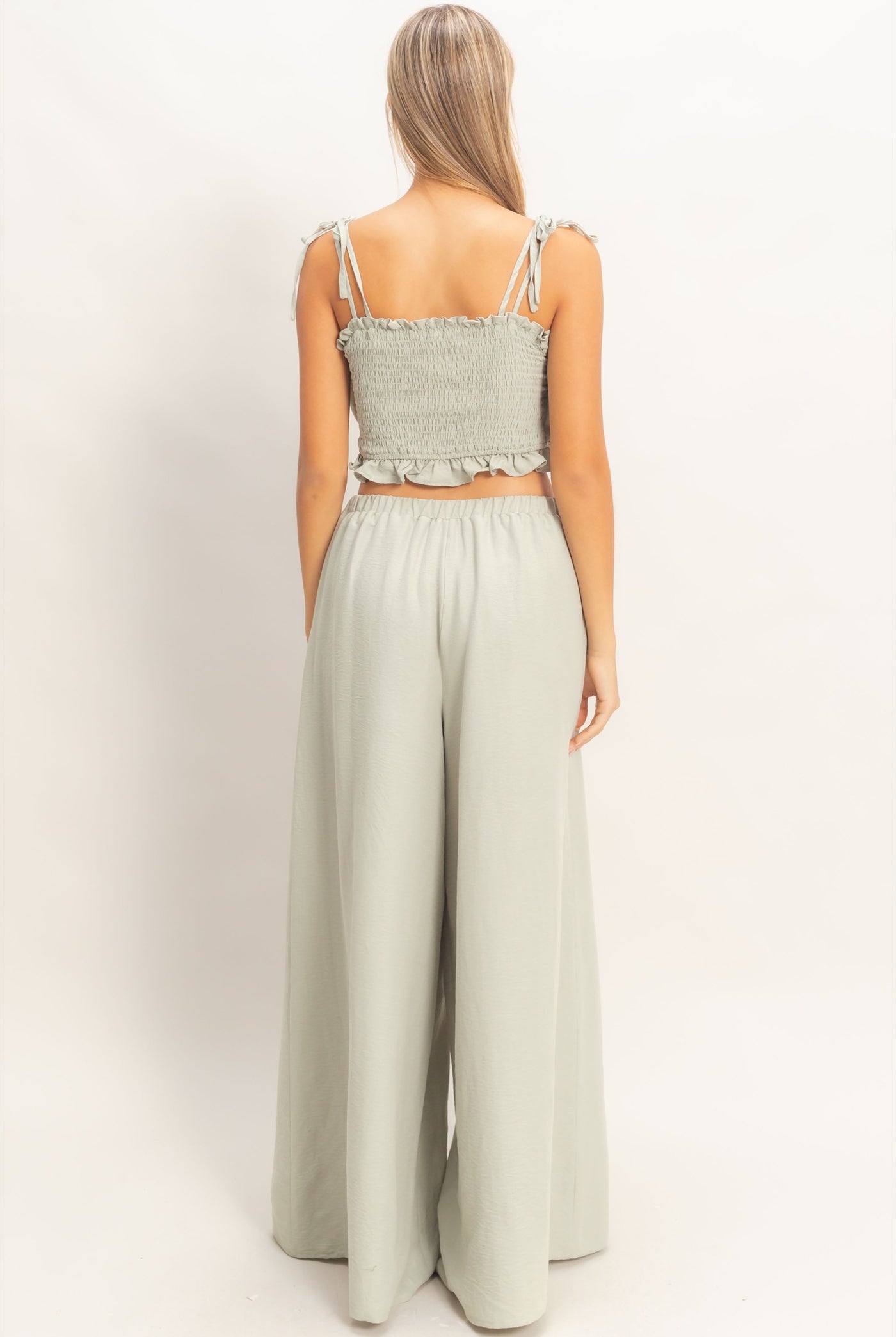 Wholesale Ruffle Smocked Bust Top & Wide Pants Clothing HF26A502-SET-D SAGE HYFVE