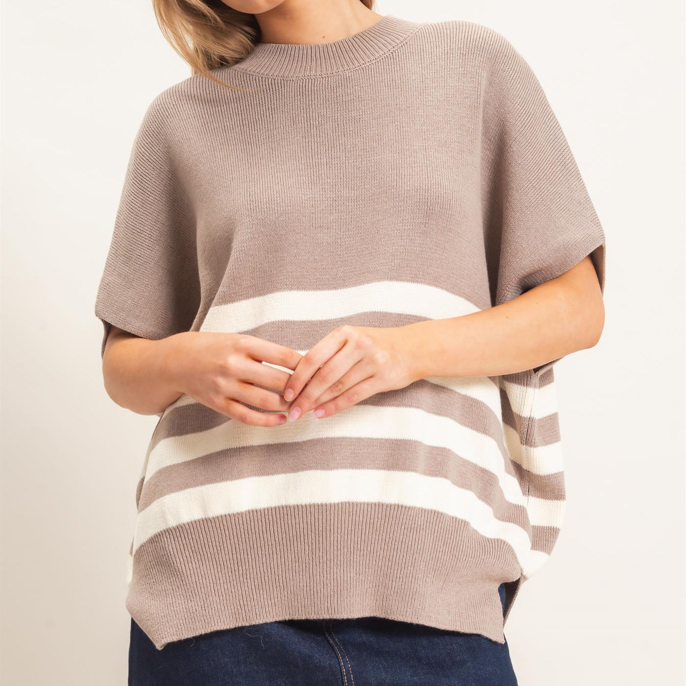 Wholesale Striped Ribbed Crew Neck Sweater Sweaters HF26E350-D LIGHT MOCHA HYFVE