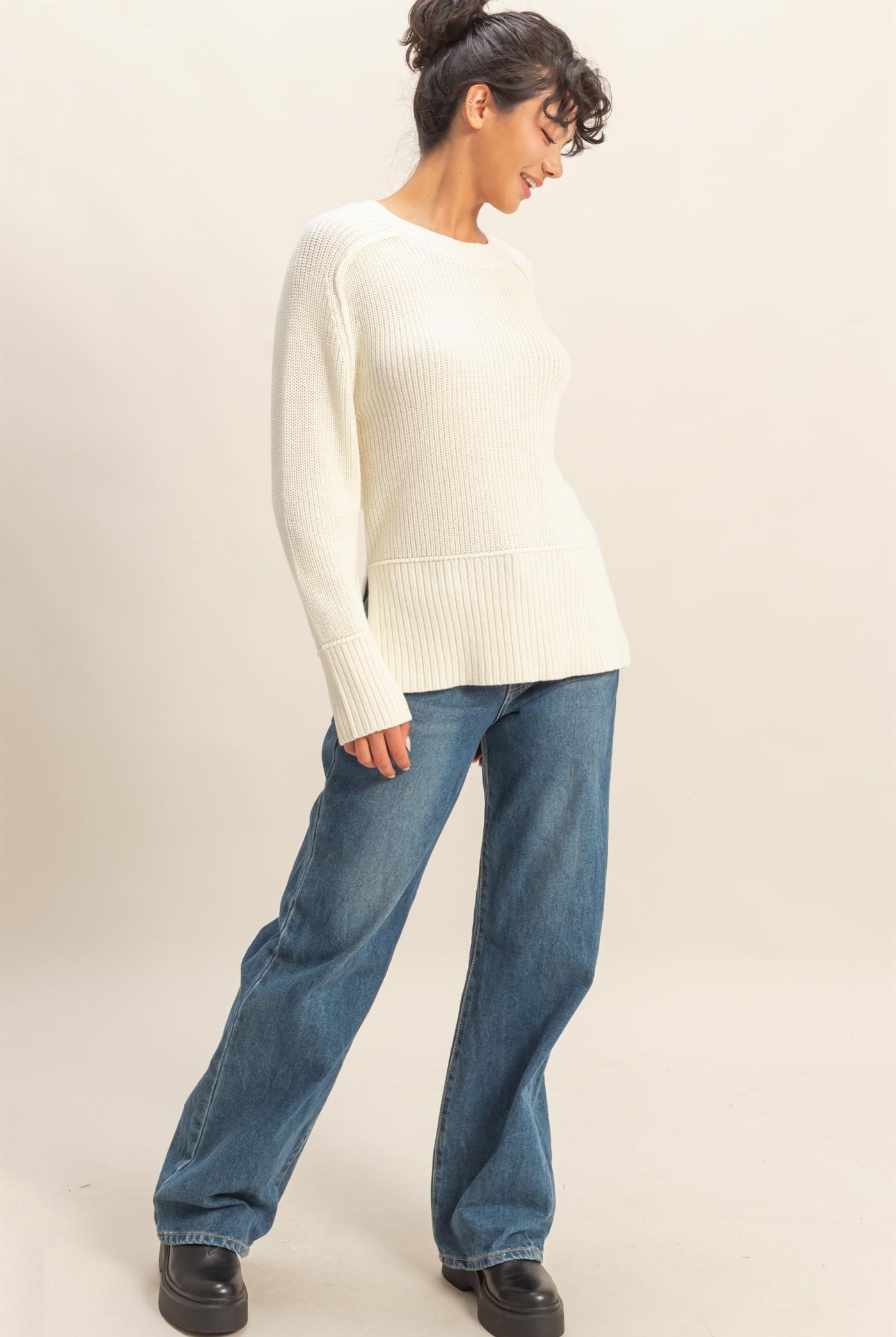 Wholesale Ragaln Long Sleeve Side Slit Sweater Sweaters DZ25E812 CREAM DOUBLE ZERO