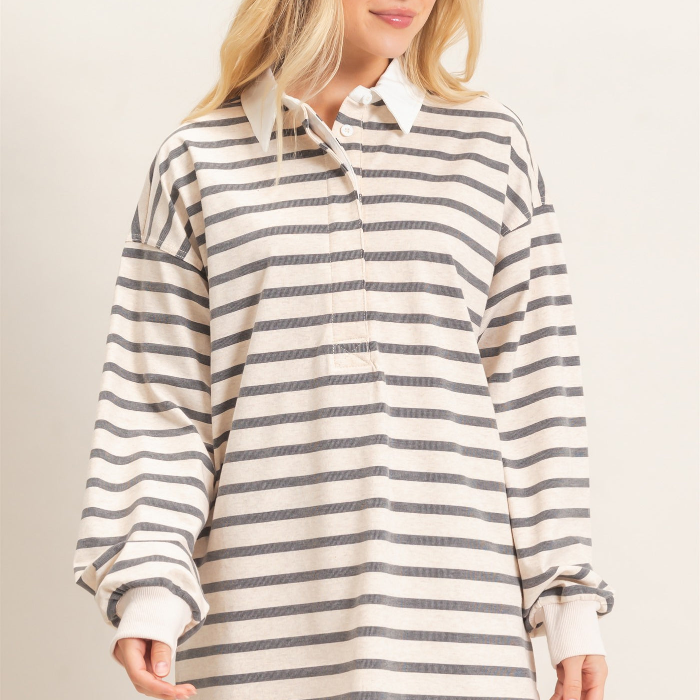 Wholesale Striped Polo Long Sleeve Top Clothing Tops HF26F078 GRAY/ECRU HYFVE