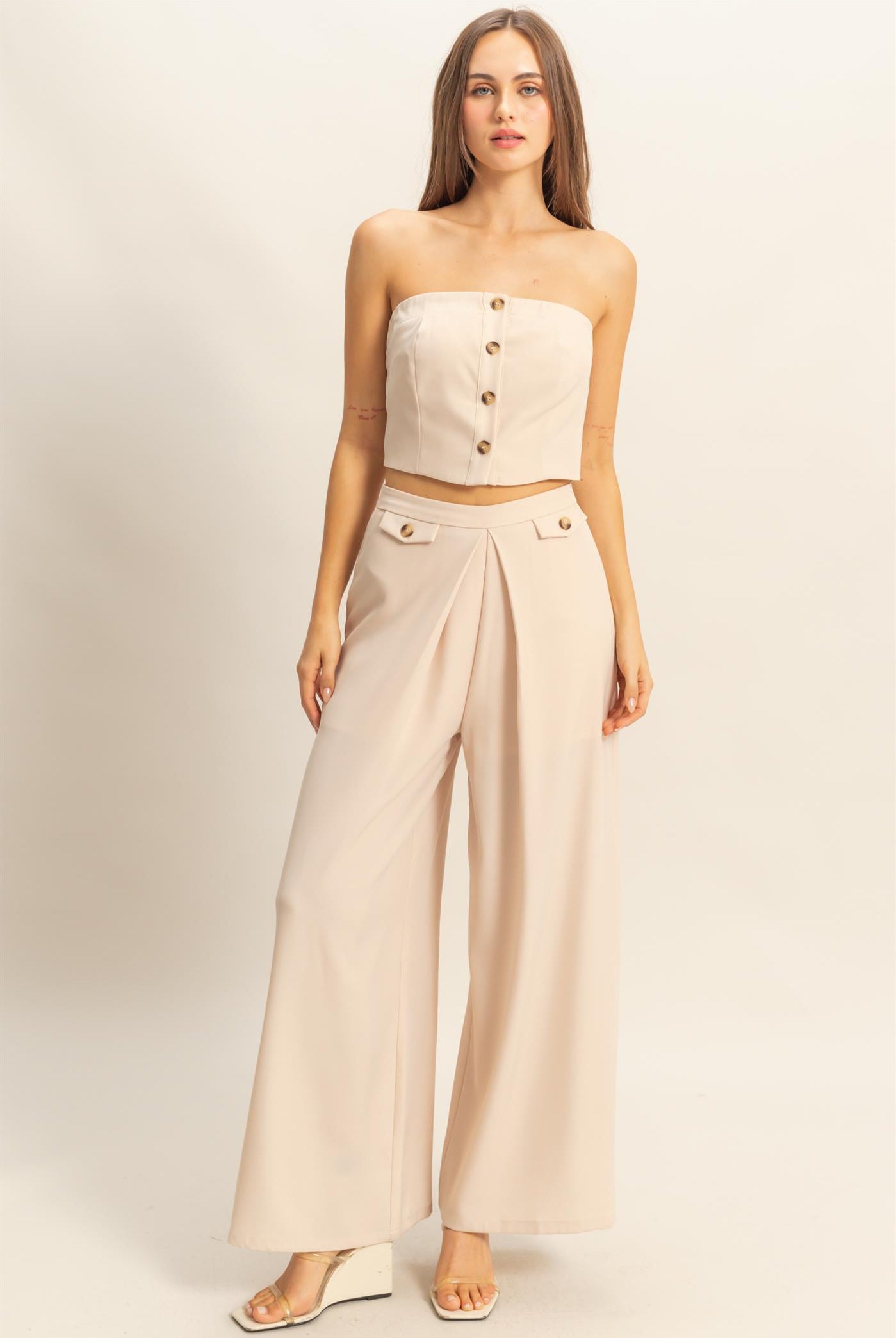 Wholesale Strapless Buttoned Top And Pants Set Clothing HF25E017-SET BEIGE HYFVE