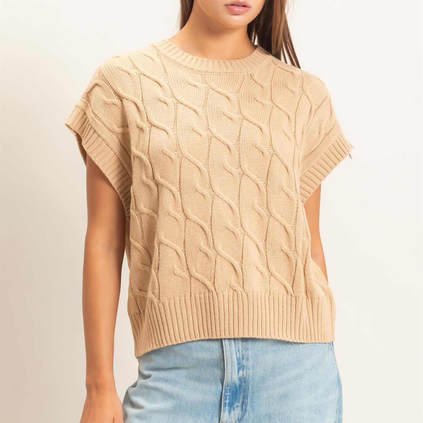 Wholesale Cable Knit Cap Sleeve Sweater Sweaters DZ26C974 TAUPE DOUBLE ZERO