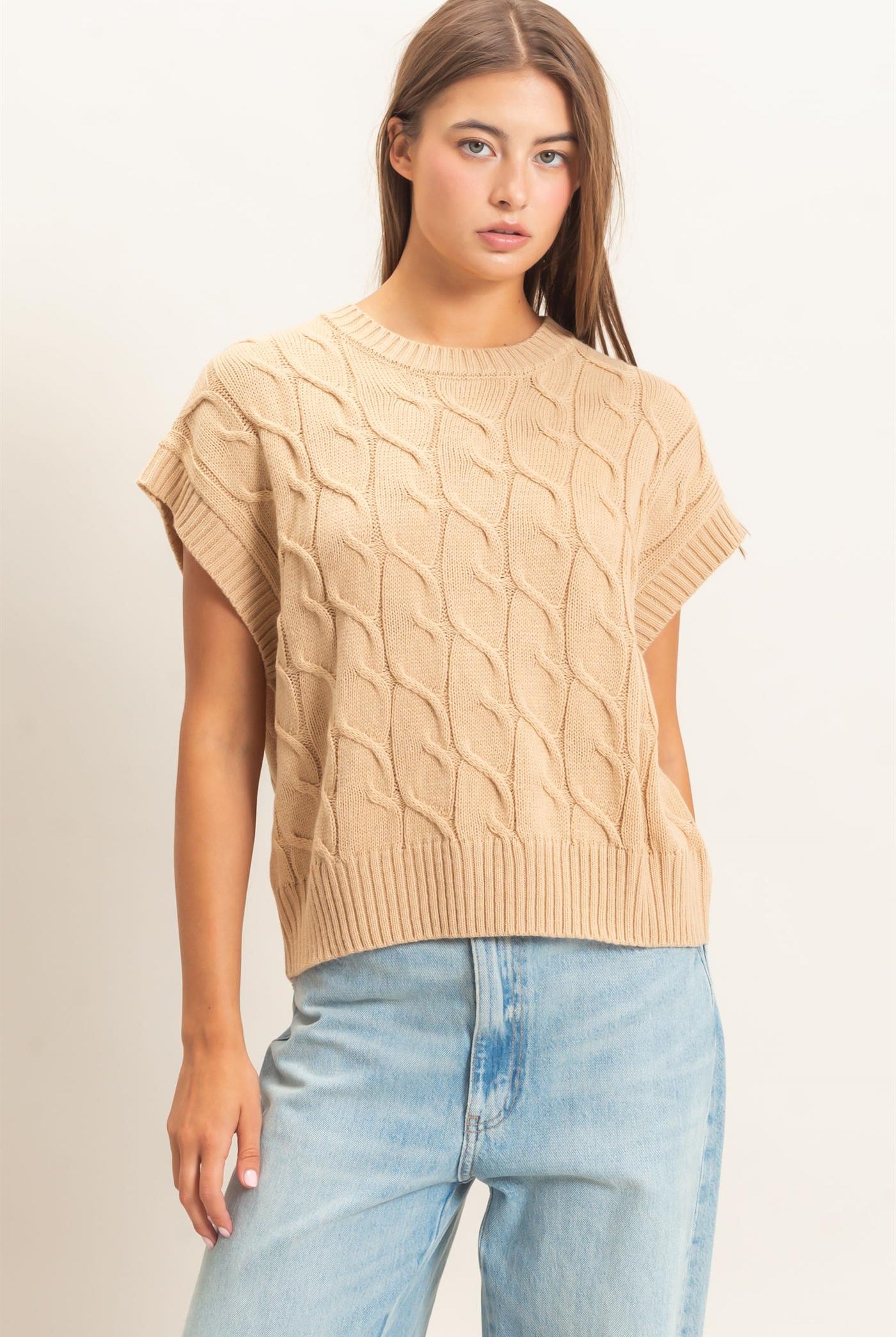 Wholesale Cable Knit Cap Sleeve Sweater Sweaters DZ26C974 TAUPE DOUBLE ZERO