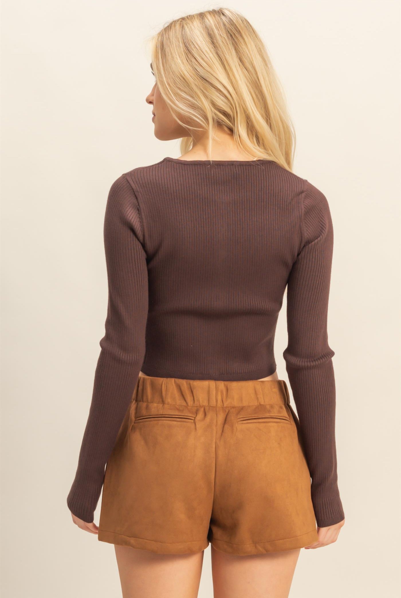 Wholesale Button-Up Ribbed Knit Top Sweaters HF25E930 D.BROWN HYFVE