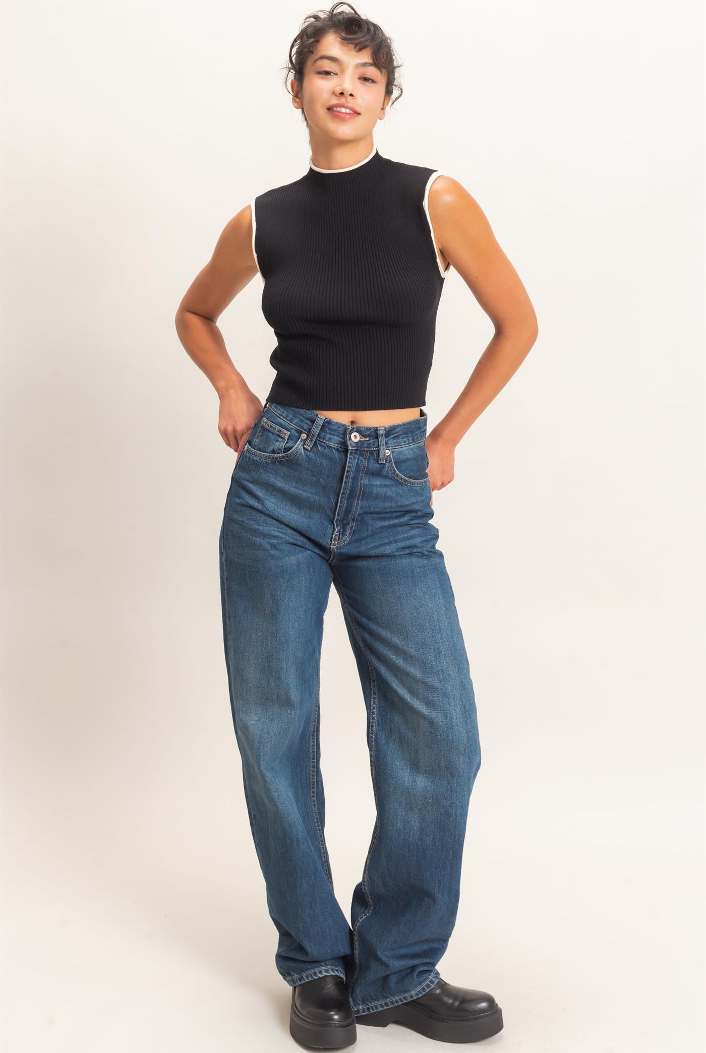 Wholesale Ribbed Mock Neck Sleeveless Top Clothing Tops DZ26E777 BLACK DOUBLE ZERO