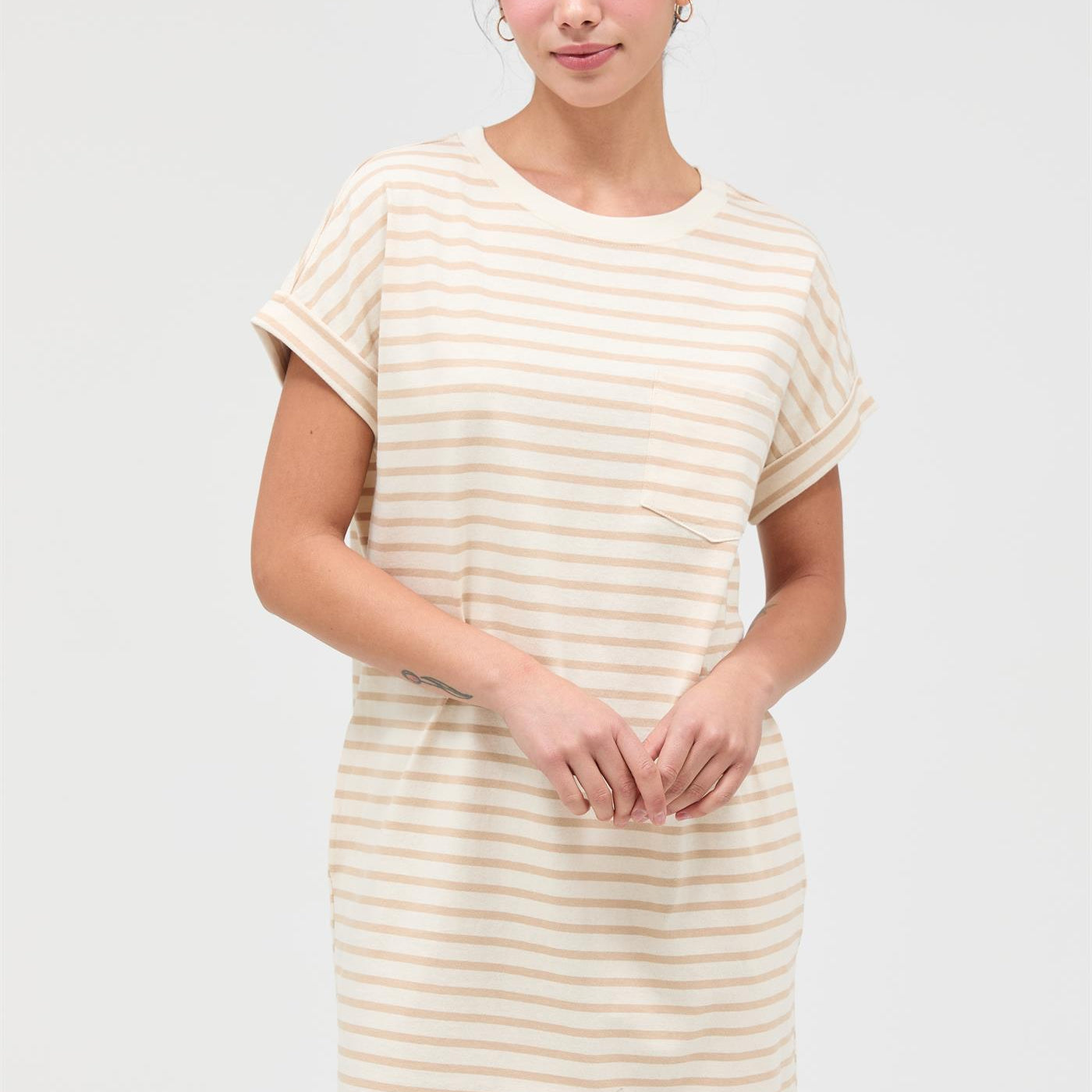 Wholesale Striped T-Shirt Mini Dress Dresses DZ26C067 TAUPE DOUBLE ZERO