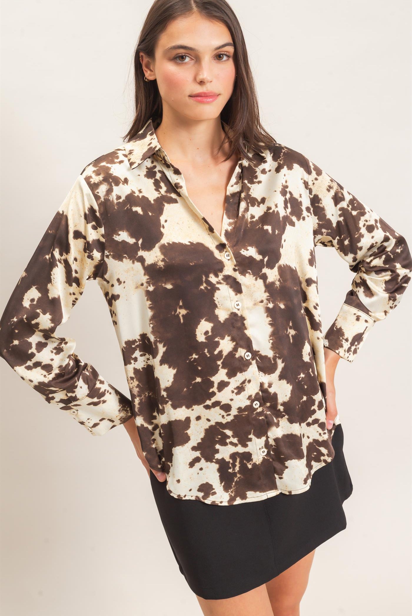 Wholesale Satin Cow Print Button-Up Shirt Clothing Tops HF26E554 BROWN HYFVE