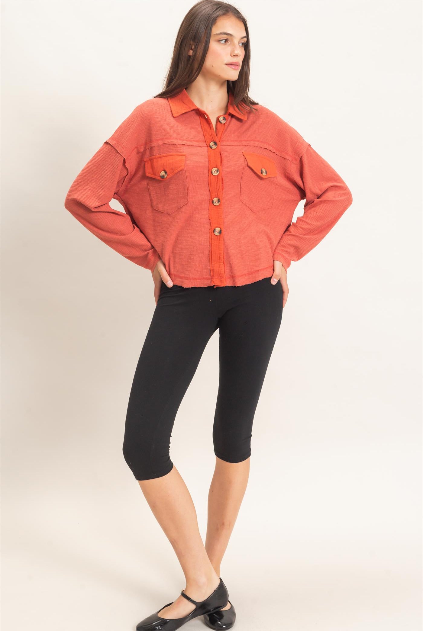 Wholesale Textured Button-Up Shirt Clothing Tops HF26C878 BRICK HYFVE