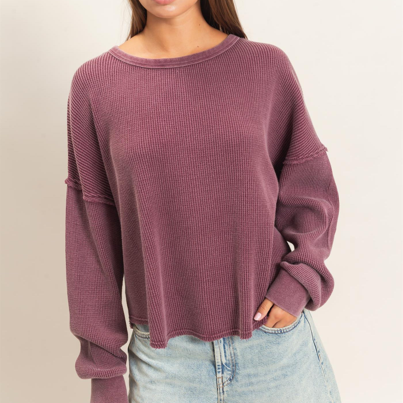 Wholesale Mineral Wash Waffle Oversized Top Clothing Tops DZ26E248 DARK CHERRY DOUBLE ZERO
