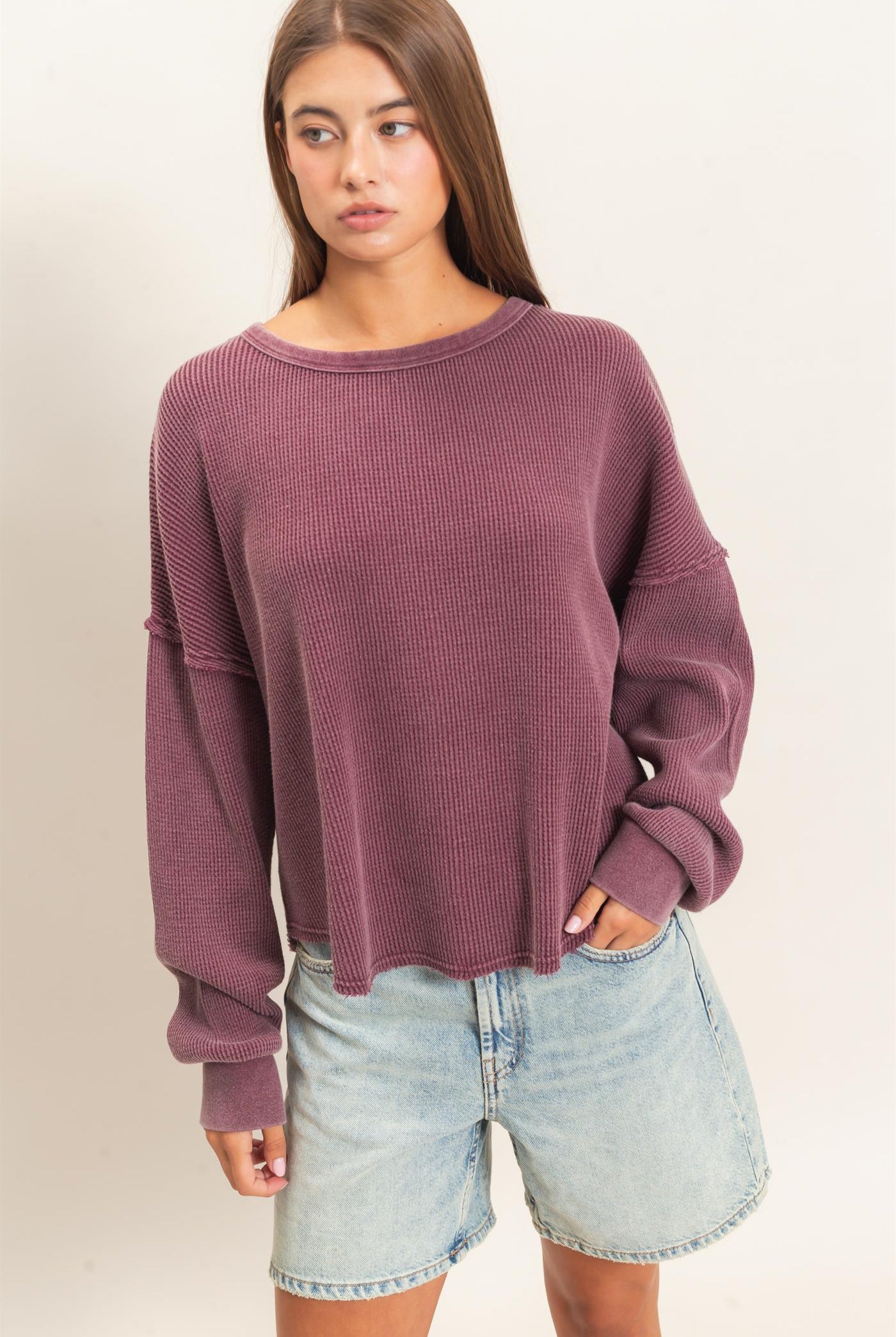 Wholesale Mineral Wash Waffle Oversized Top Clothing Tops DZ26E248 DARK CHERRY DOUBLE ZERO