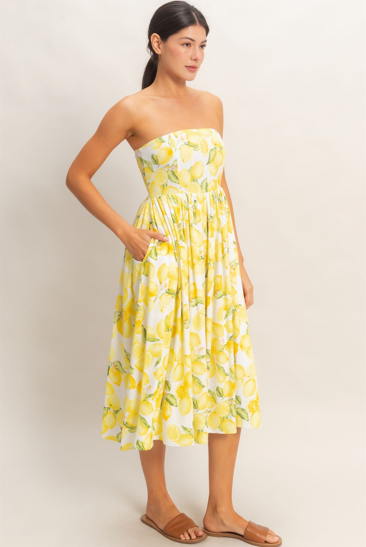 Wholesale Strapless Lemon-Print Midi Dress Dresses HF26C880 LEMON HYFVE