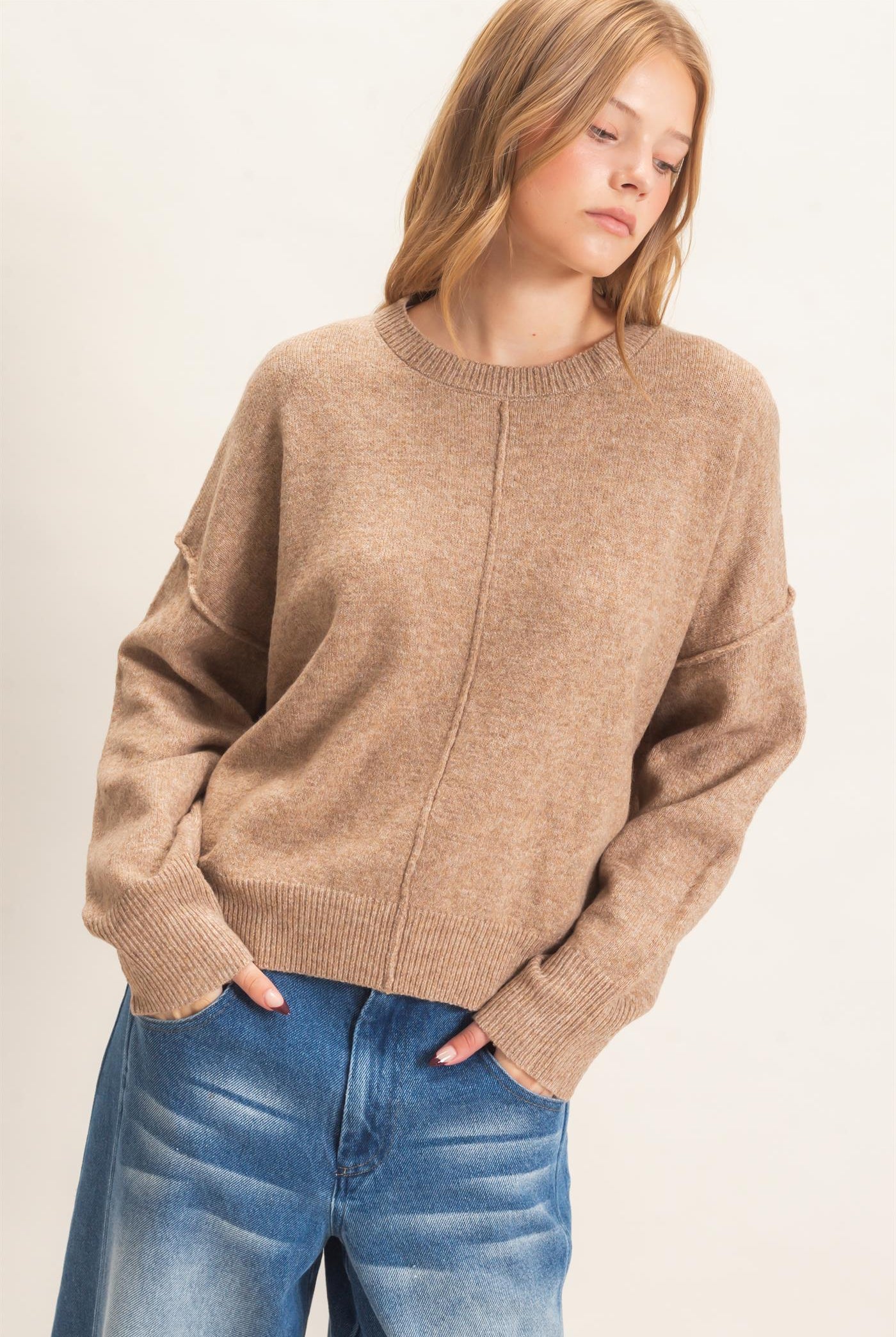 Wholesale Crew Neck Sweater With Ribbed Hem Sweaters HF26E203-D DARK TAUPE HYFVE