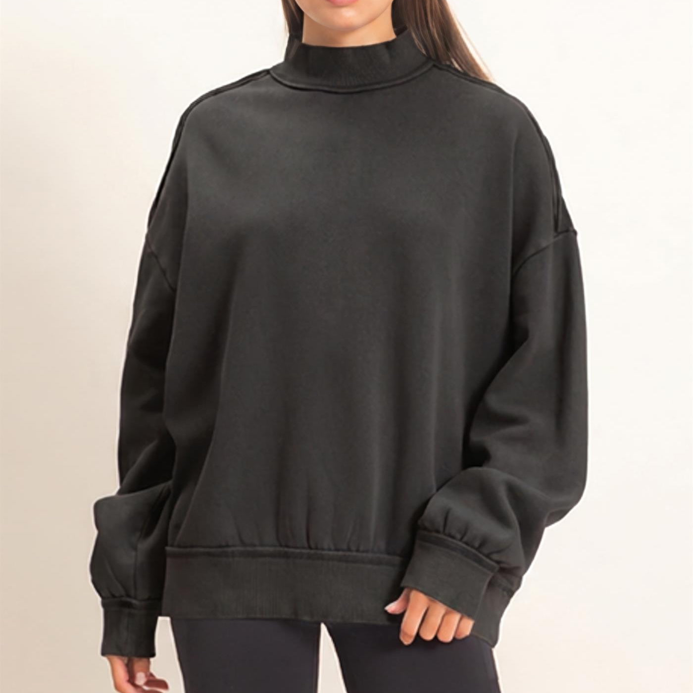 Wholesale Acid Washed Mock Neck Sweatshirt Sweatshirts DZ26E656 BLACK DOUBLE ZERO