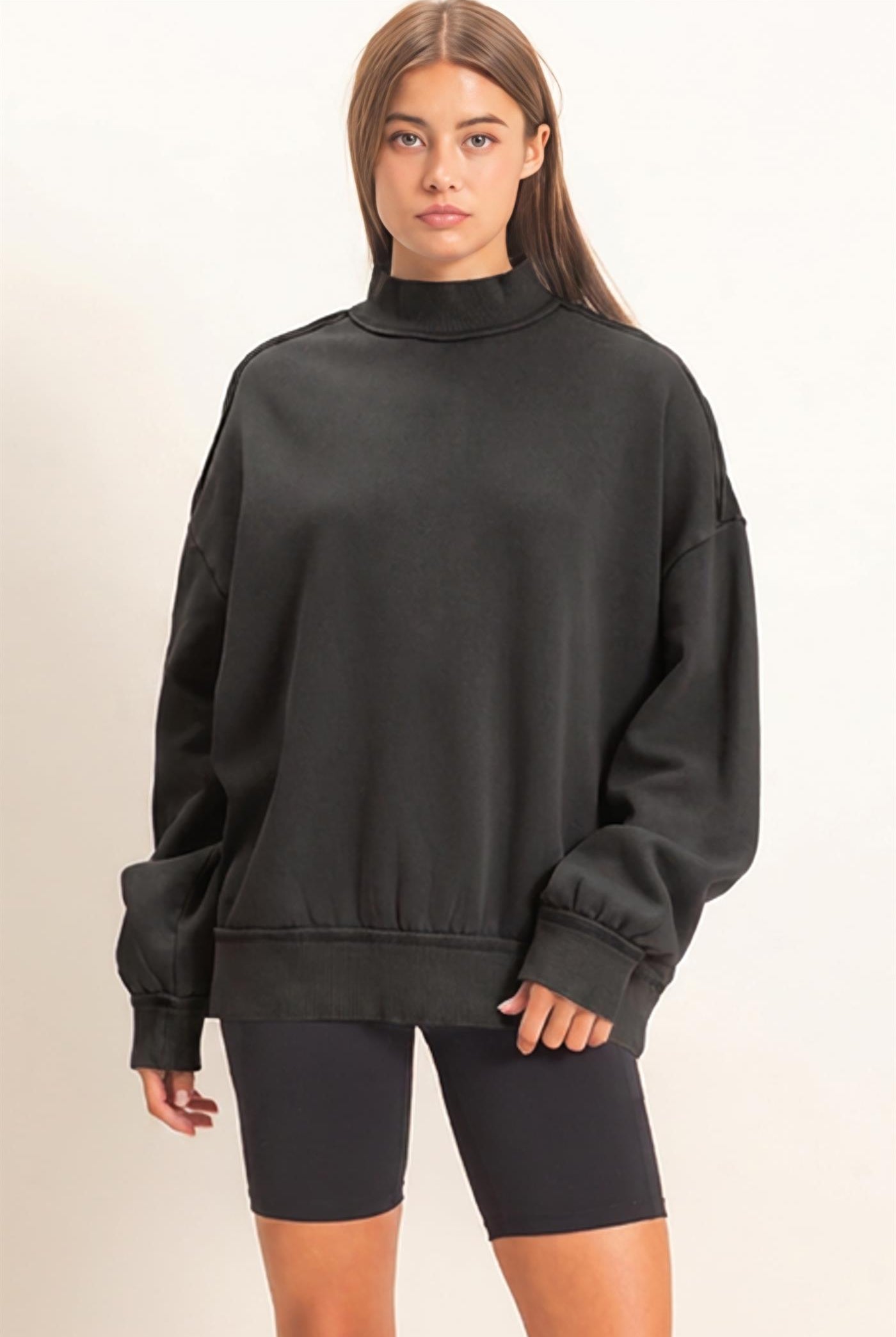 Wholesale Acid Washed Mock Neck Sweatshirt Sweatshirts DZ26E656 BLACK DOUBLE ZERO