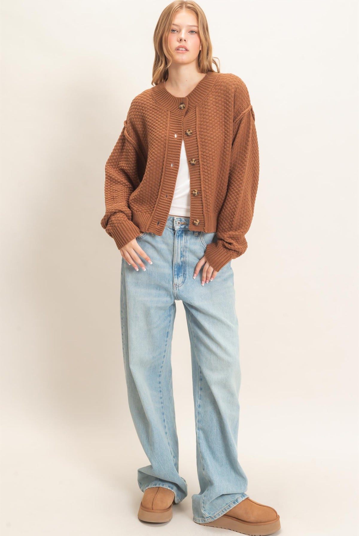 Wholesale Textured Knit Button-Front Cardigan Cardigans HF26C409 BROWN HYFVE