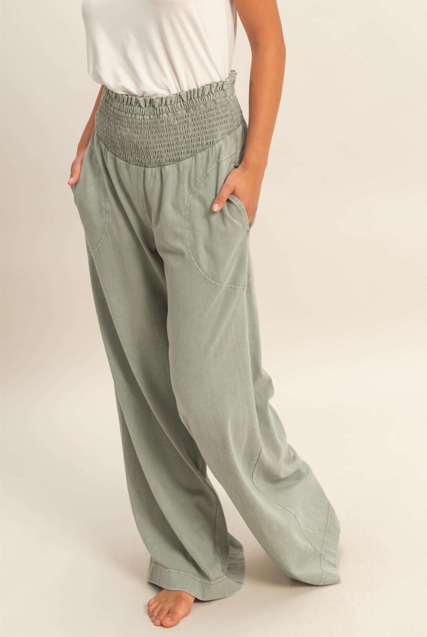 Wholesale Mineral Washed Wide-Leg Smocked Waist Pants Pants DZ26A249 SAGE GREEN DOUBLE ZERO