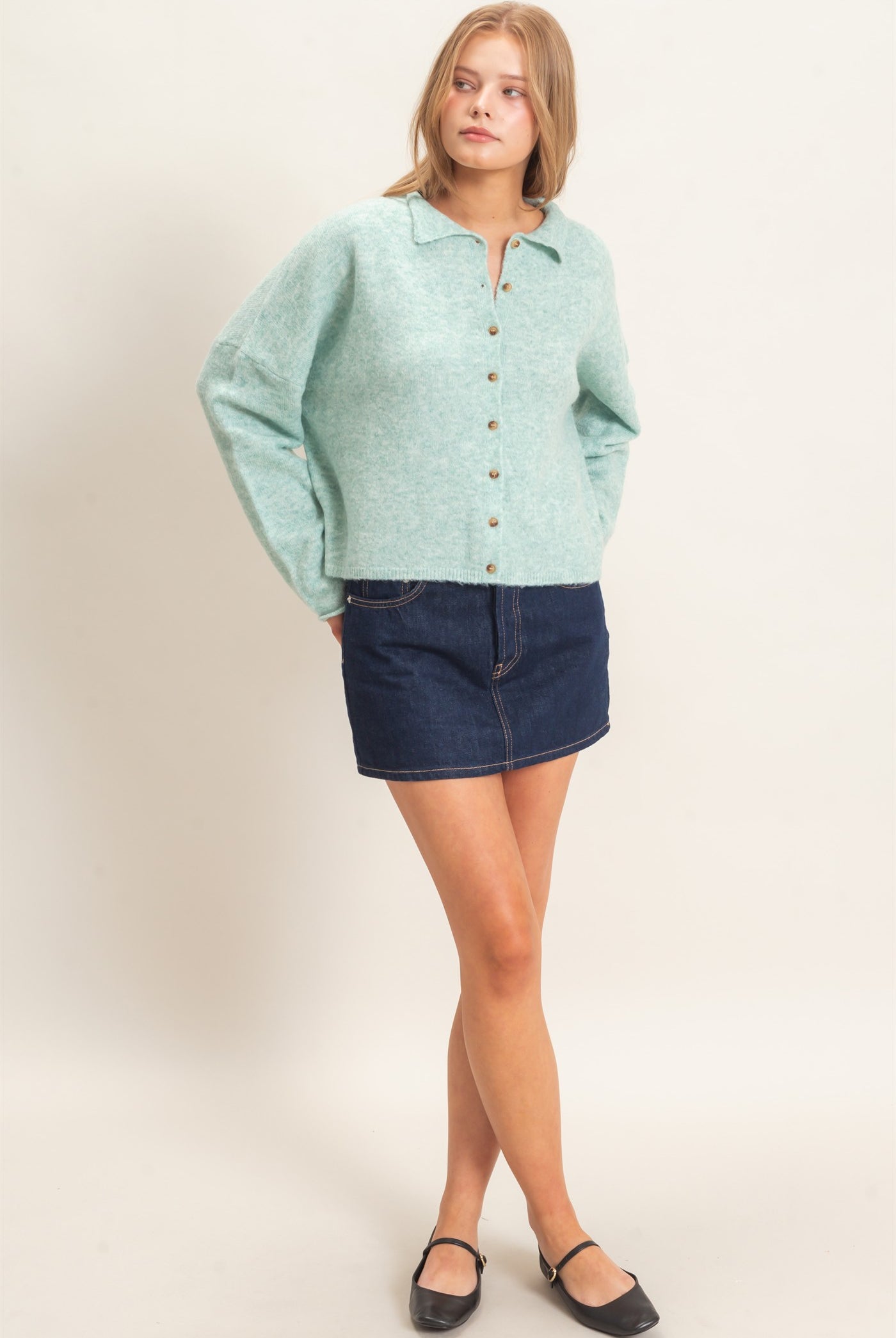 Wholesale Button-Up Collared Sweater Cardigan Cardigans HF26E039 EMERALD GREEN HYFVE