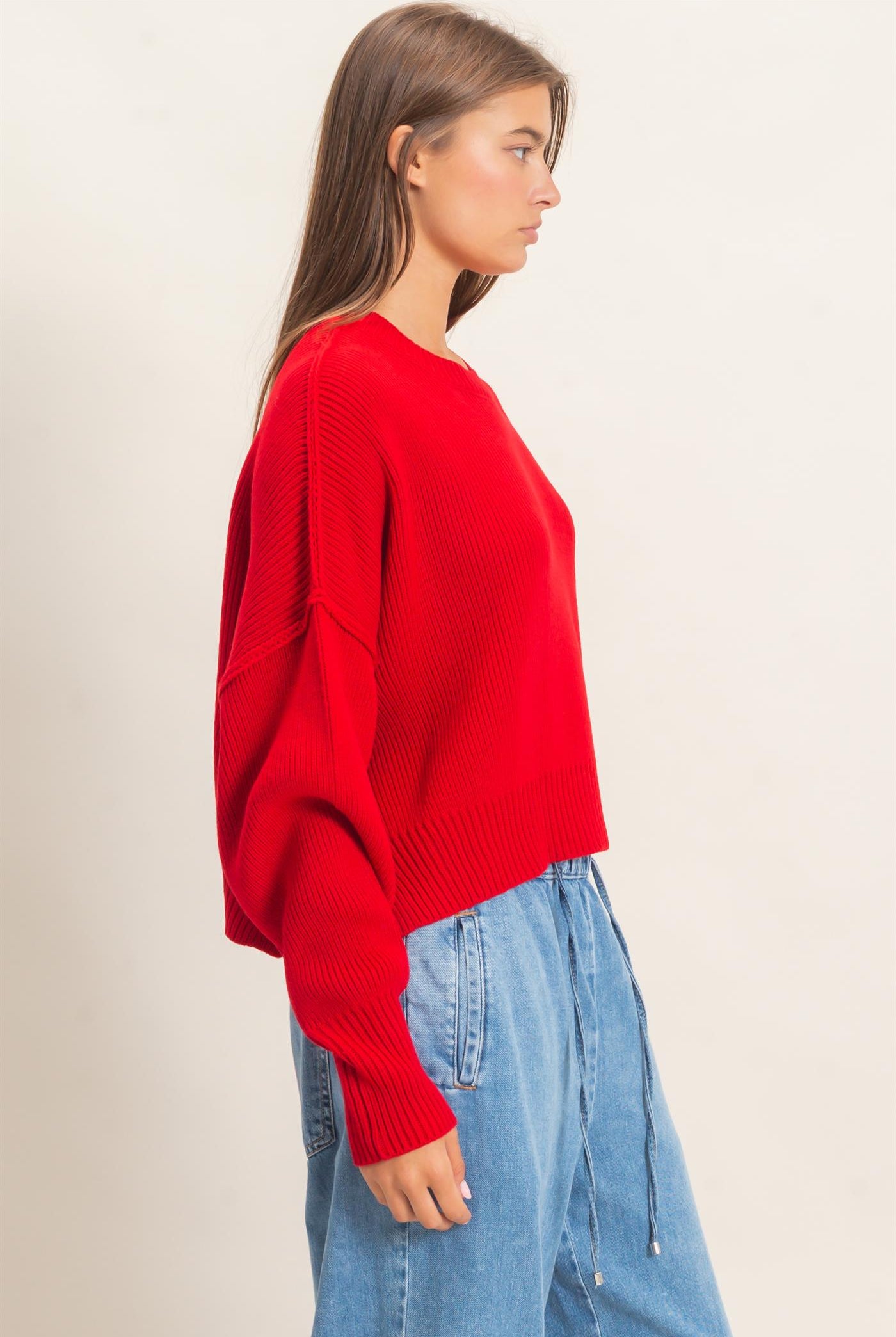 Wholesale Ribbed Drop Shoulder Sweater Sweaters DZ26C982 RED DOUBLE ZERO