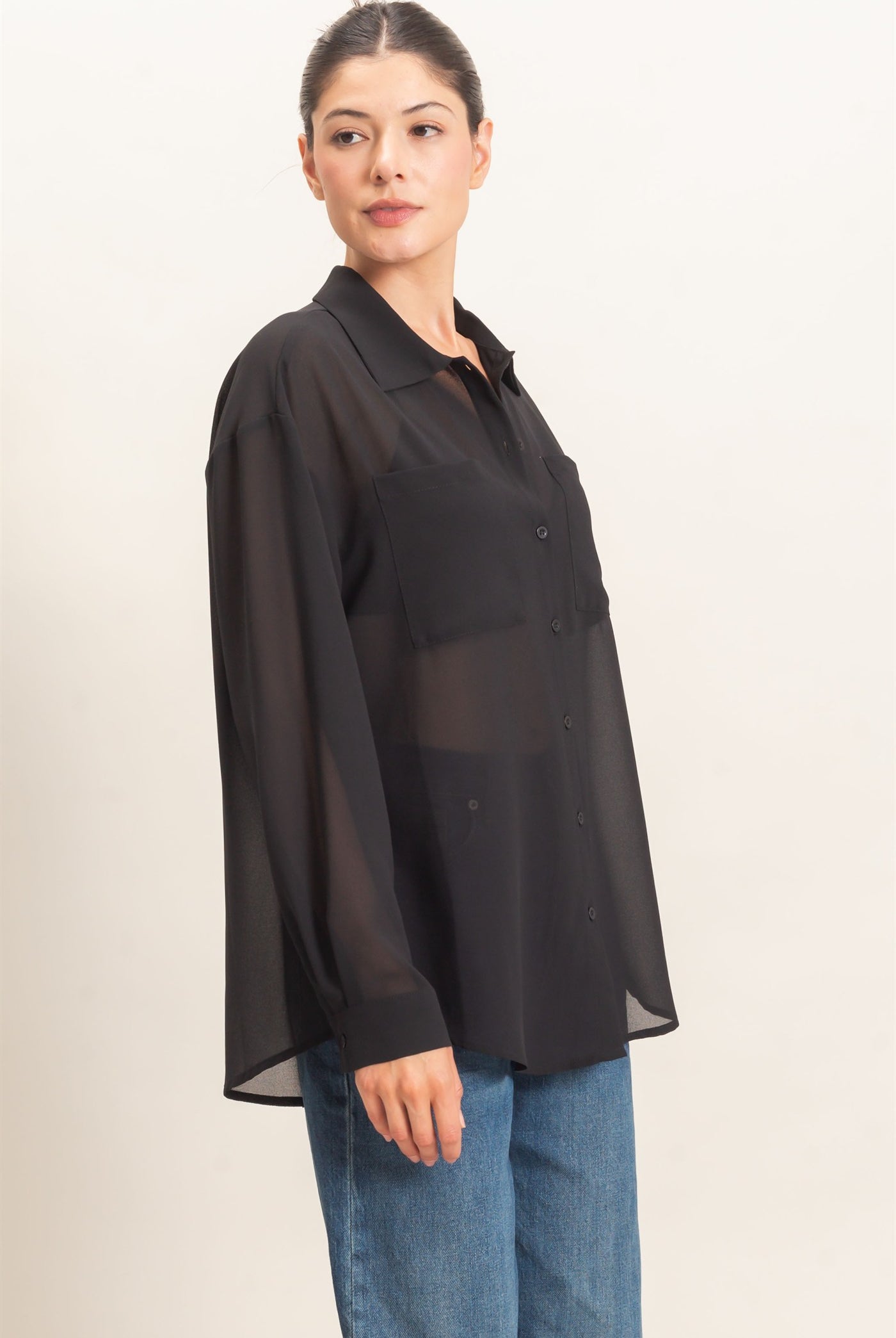 Wholesale Button-Down Collar Blouse Shirts HF26F067 BLACK HYFVE