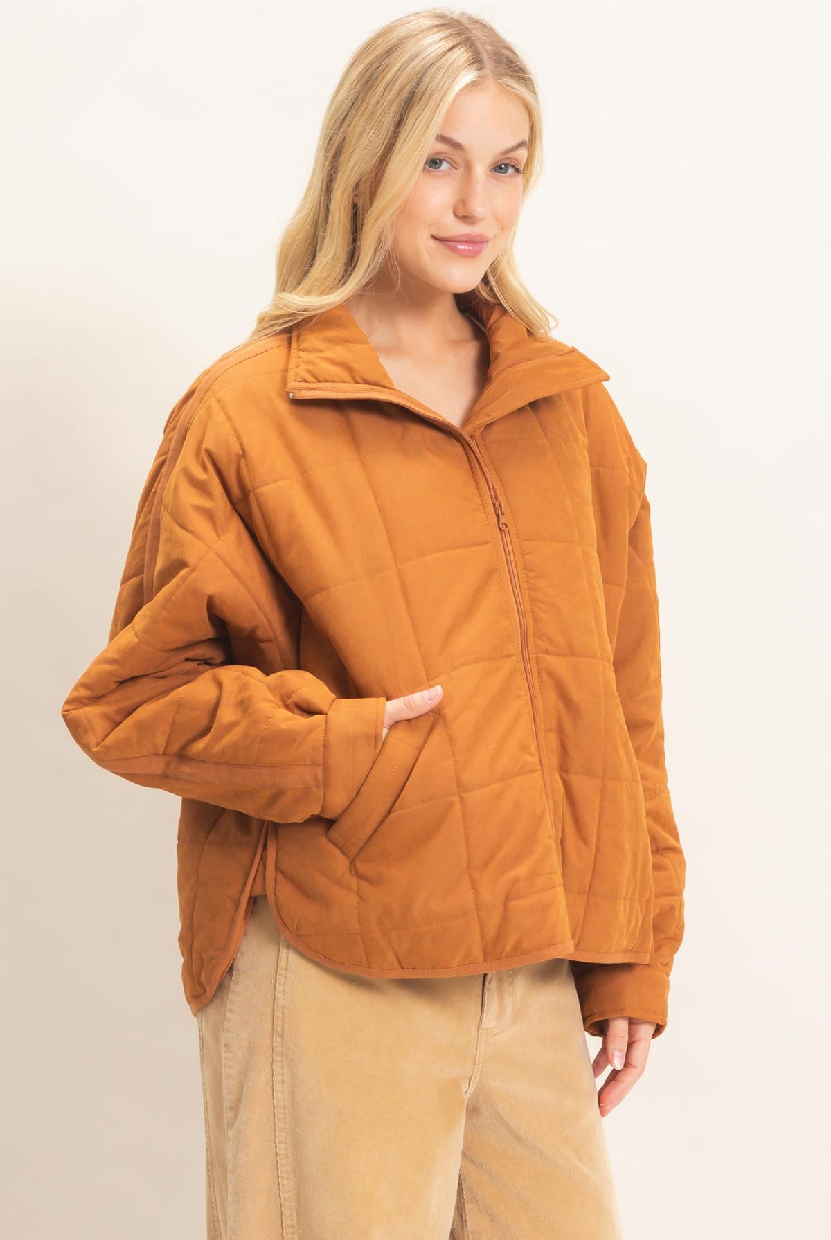 Wholesale Quilted High Collar Jacket Coats & Jackets HF26F167-D CAMEL HYFVE