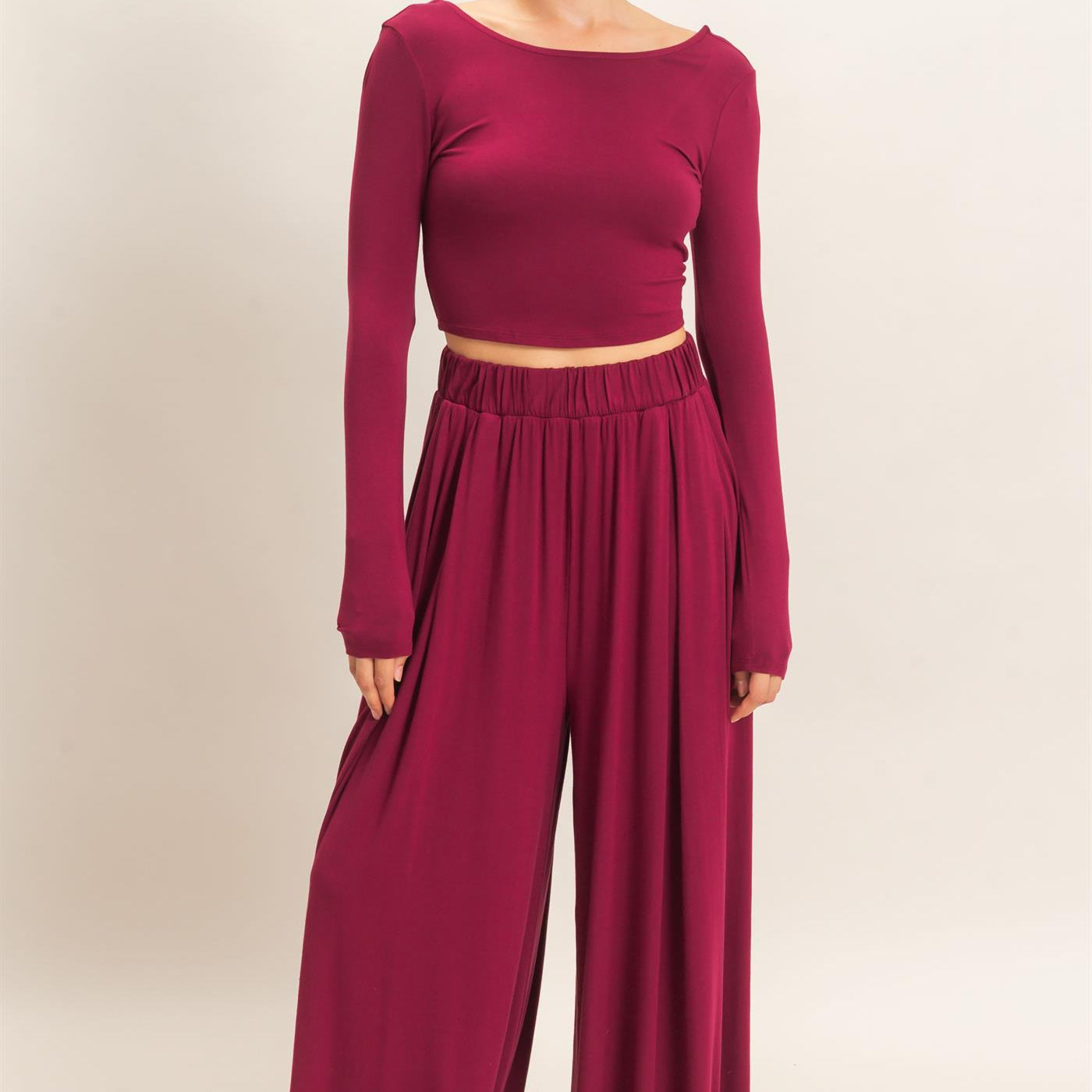 Wholesale Long Sleeve Top & Wide Leg Pants Set Clothing HF26F227-SET-D BURGUNDY HYFVE