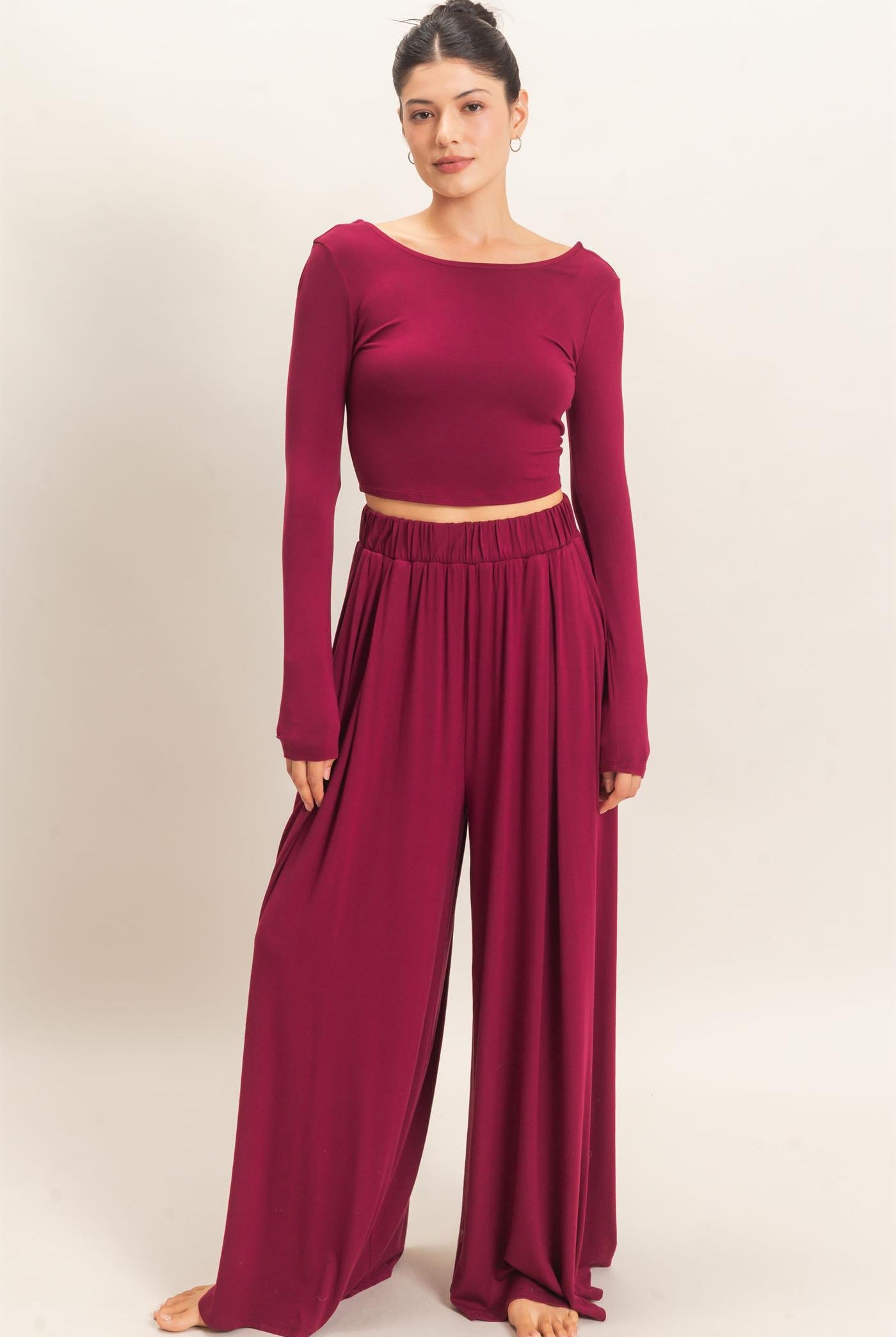 Wholesale Long Sleeve Top & Wide Leg Pants Set Clothing HF26F227-SET-D BURGUNDY HYFVE