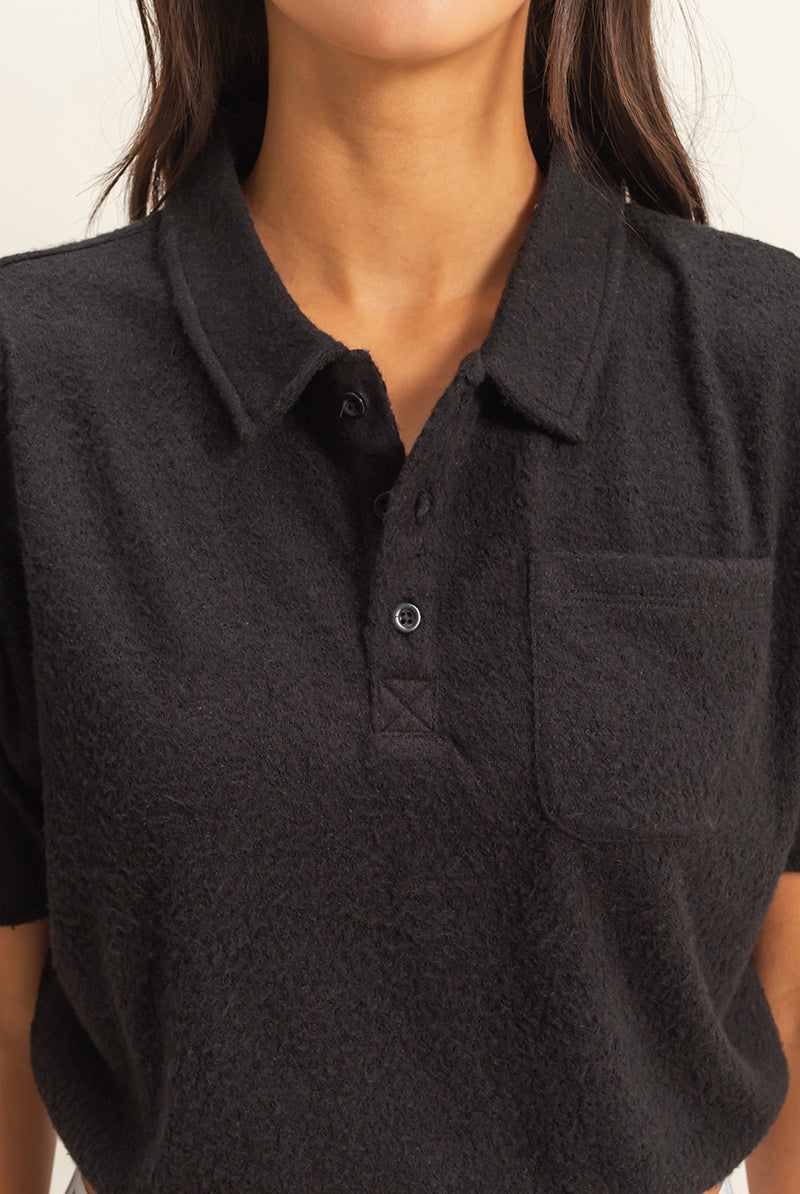 Wholesale Collared Short Sleeve Crop Top Clothing Tops DZ22A477 BLACK DOUBLE ZERO