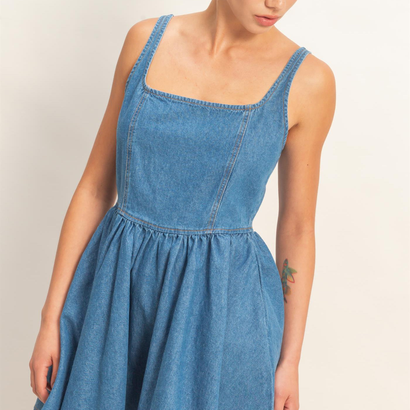 Wholesale Scoop Neck Denim Tank Flowy Mini Dress Dresses DZ26A998 MEDIUM BLUE DOUBLE ZERO