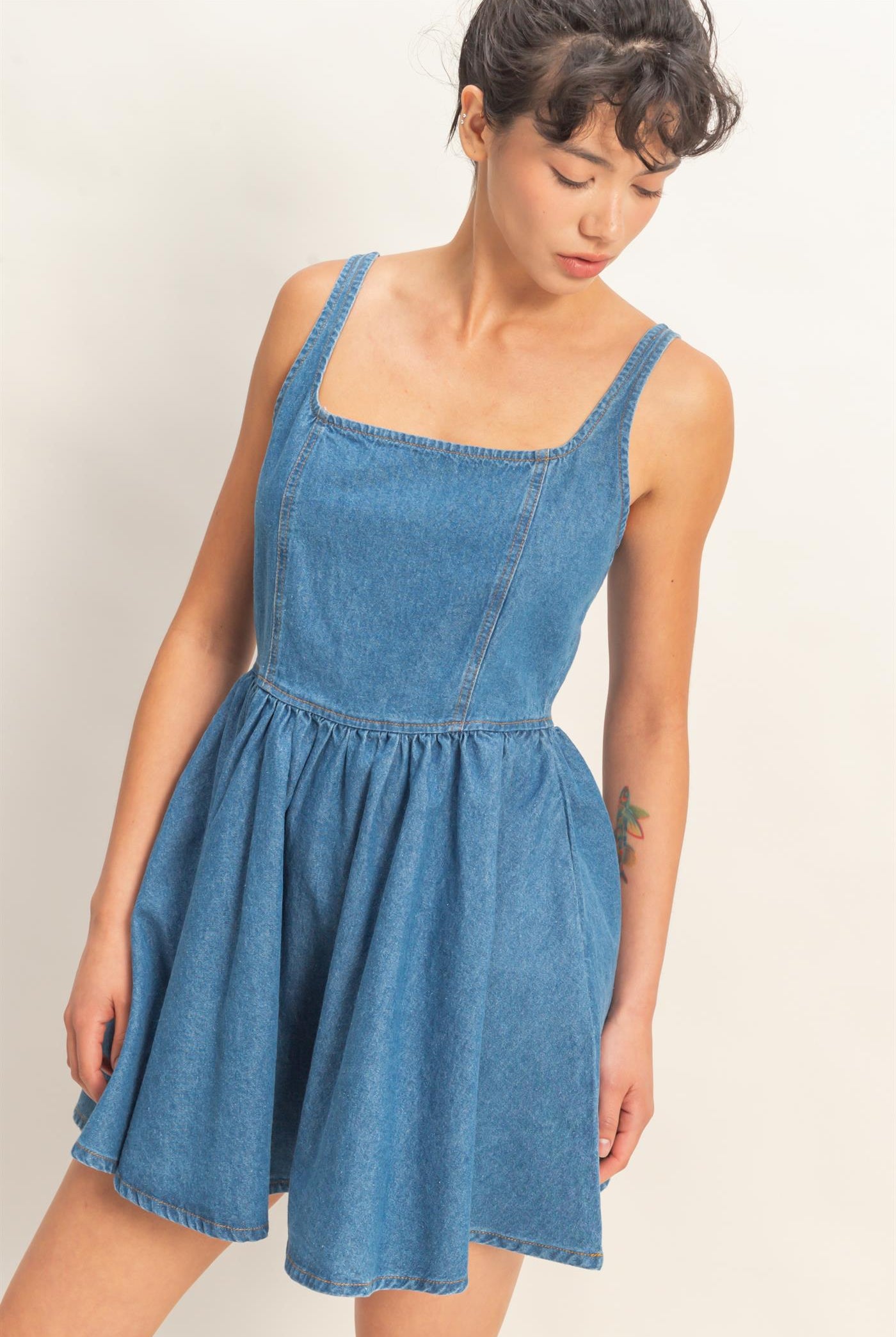 Wholesale Scoop Neck Denim Tank Flowy Mini Dress Dresses DZ26A998 MEDIUM BLUE DOUBLE ZERO