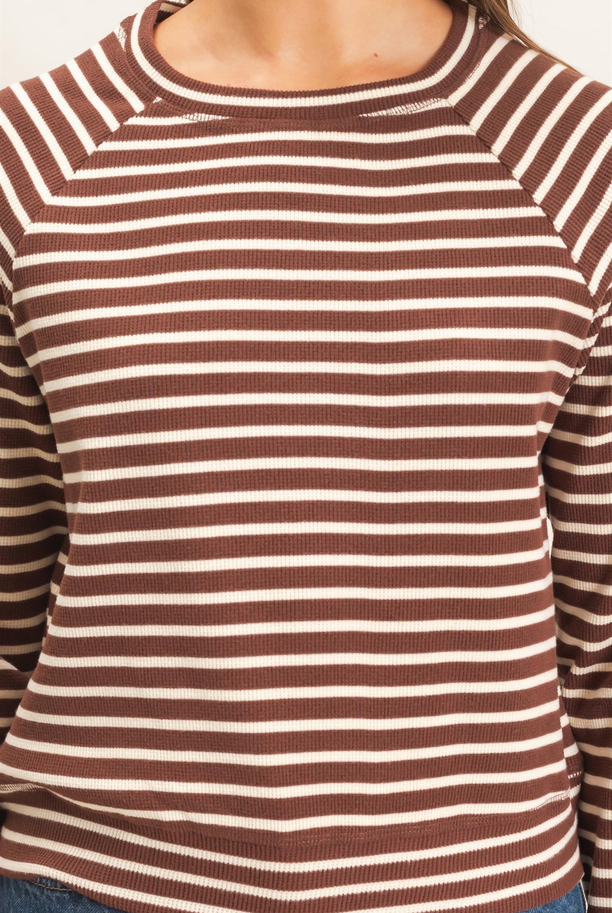 Wholesale Striped Waffle Knit Raglan Top Clothing Tops DZ26E450 DARK BROWN DOUBLE ZERO