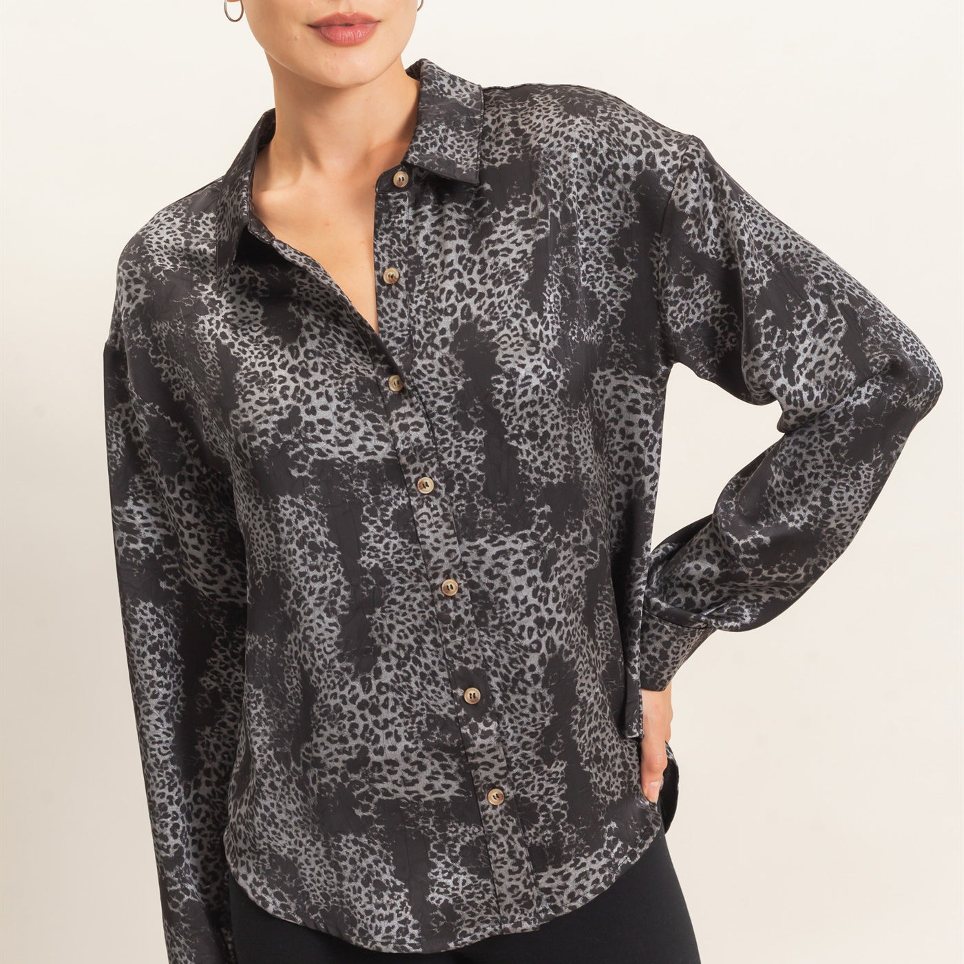 Wholesale Leopard Satin Button-Up Shirt Clothing Tops HF26E159 BLACK HYFVE