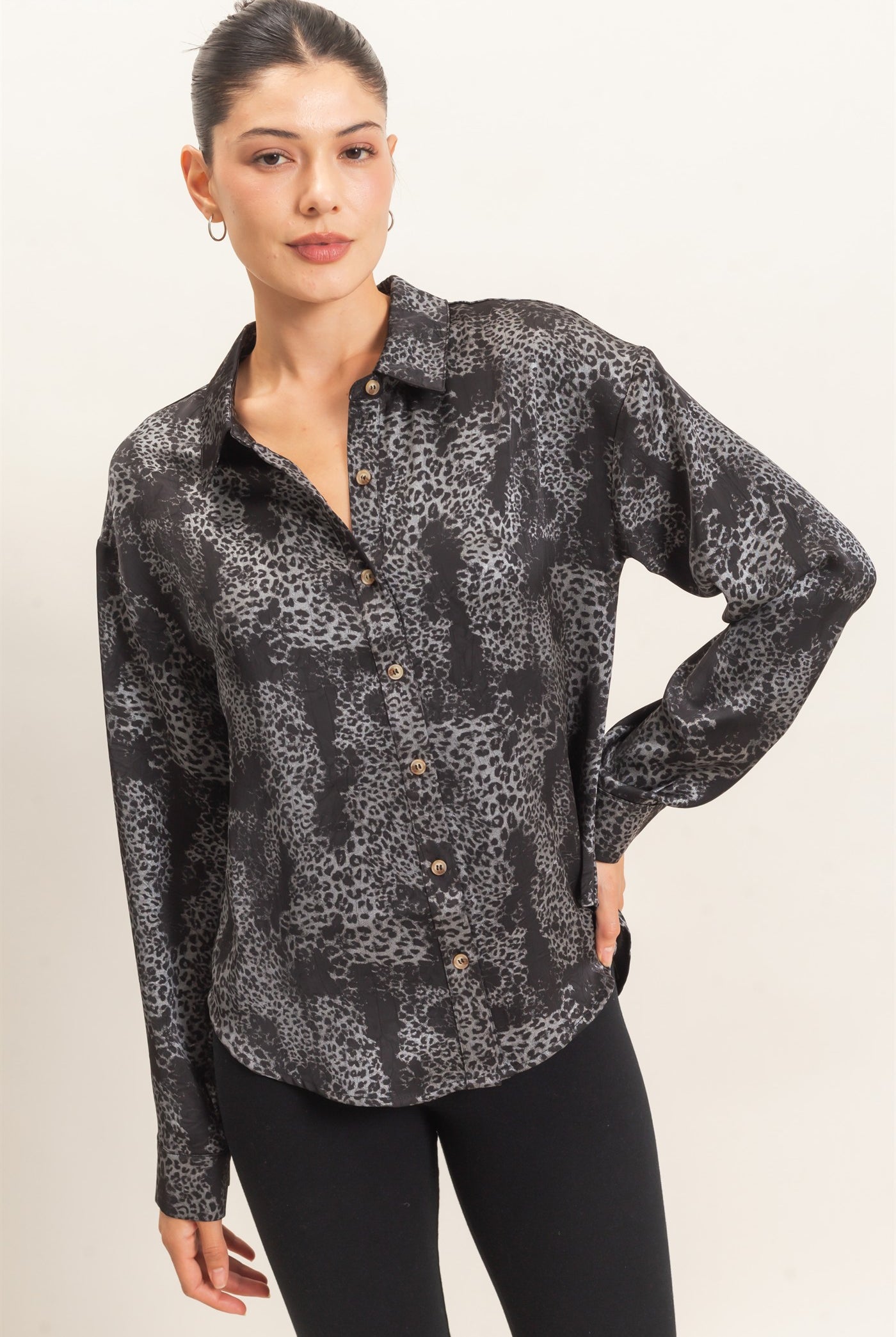 Wholesale Leopard Satin Button-Up Shirt Clothing Tops HF26E159 BLACK HYFVE