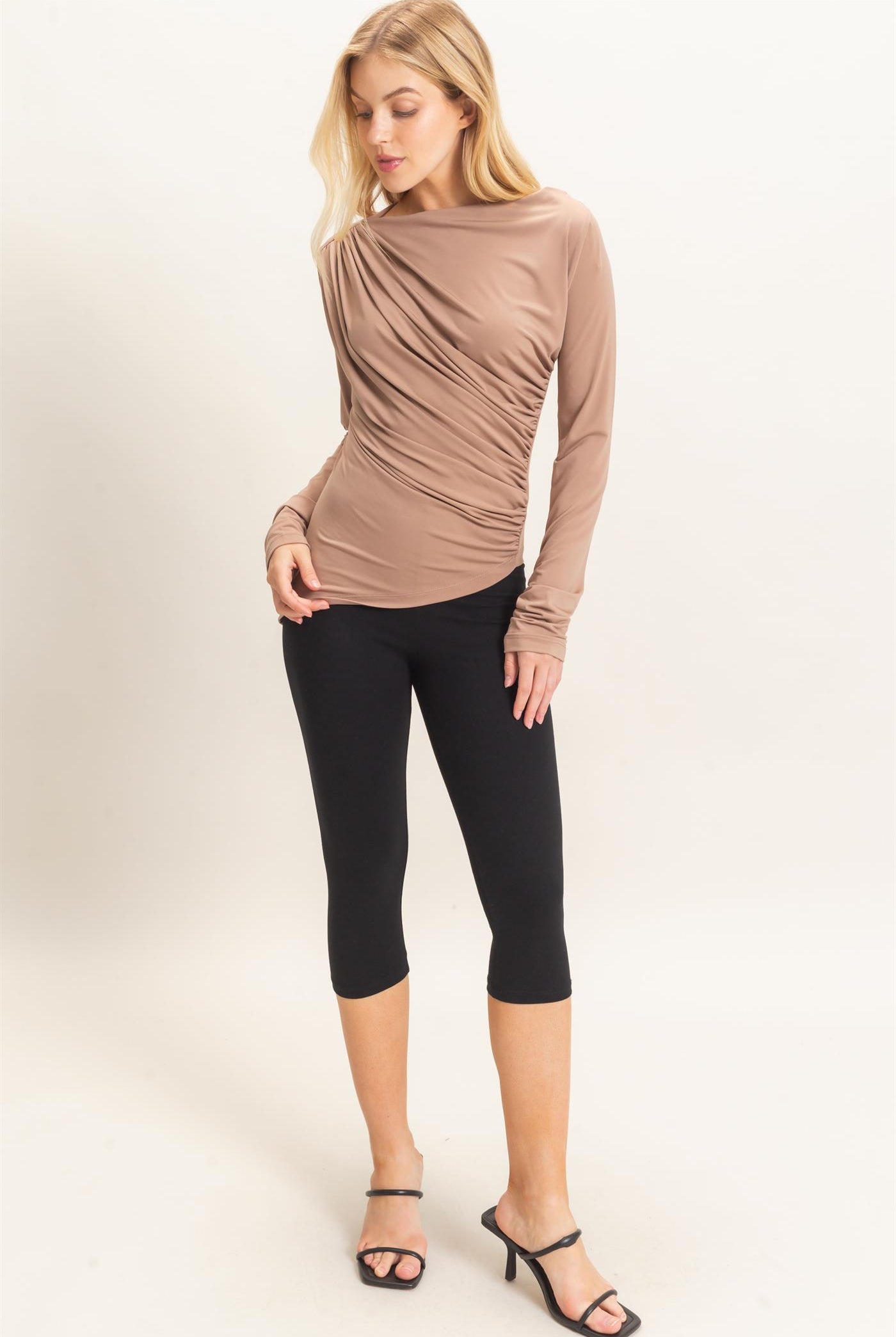 Wholesale Asymmetrical Ruched Long Sleeve Top Clothing Tops HF26C683 DARK TAUPE HYFVE