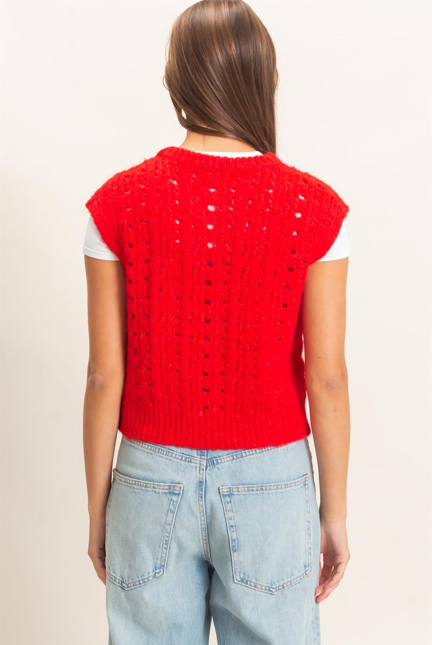 Wholesale Open Knit Sleeveless Button Front Sweater Vest Sweaters DZ26A829 RED DOUBLE ZERO