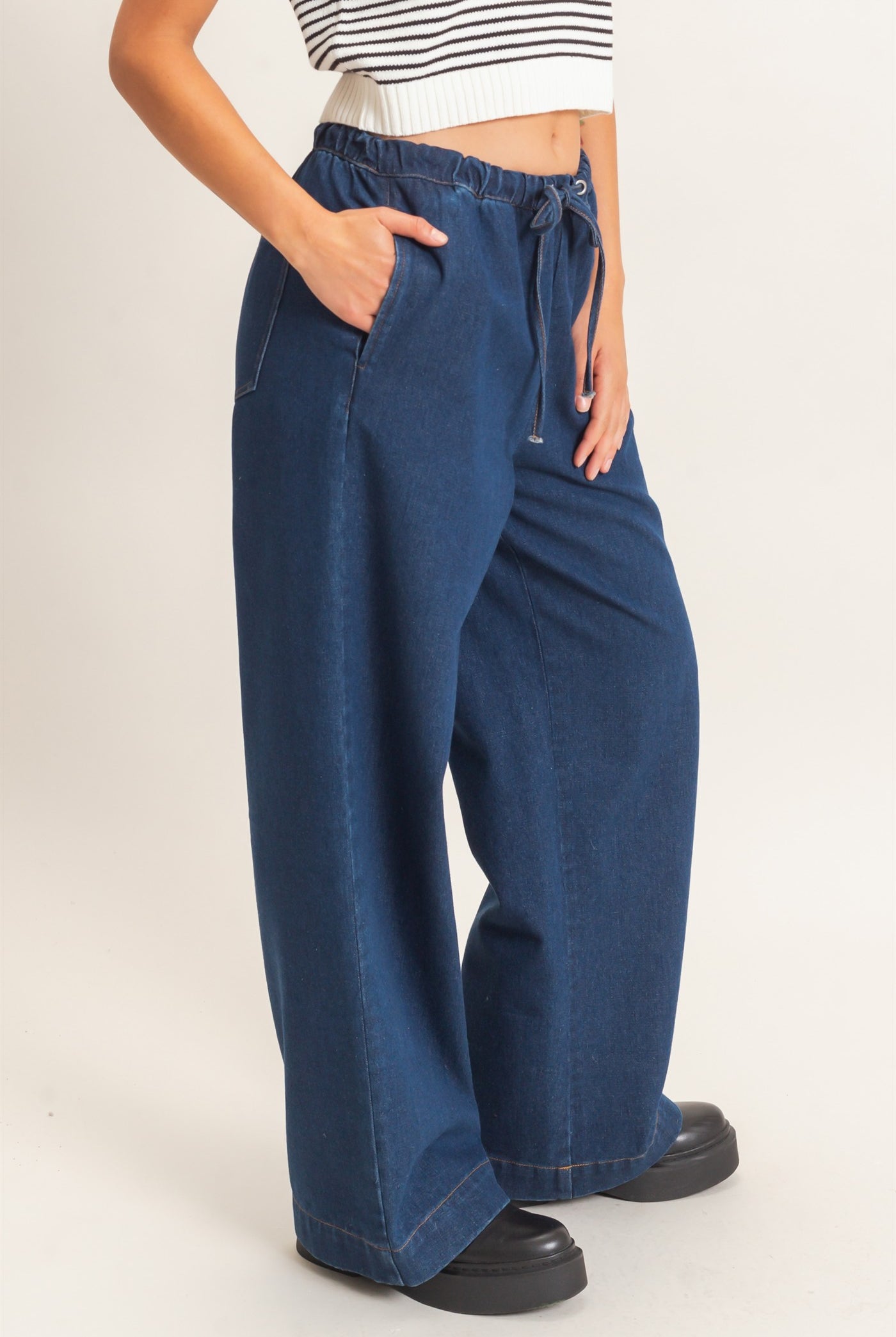 Wholesale Elastic Waist Wide Leg Denim Pants Pants DZ26E331 DARK BLUE DOUBLE ZERO