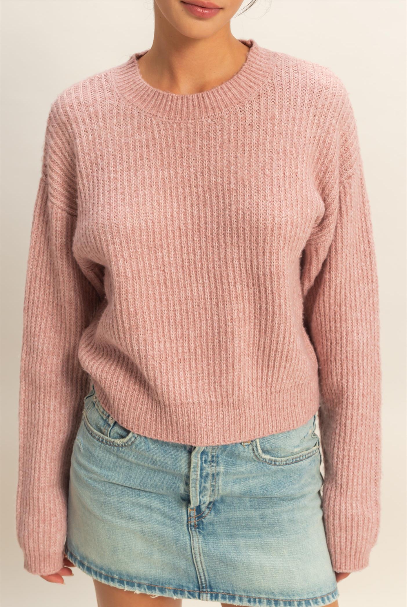 Wholesale Ribbed Crew Neck Sweater Sweaters DZ25F006 PINK FROST DOUBLE ZERO