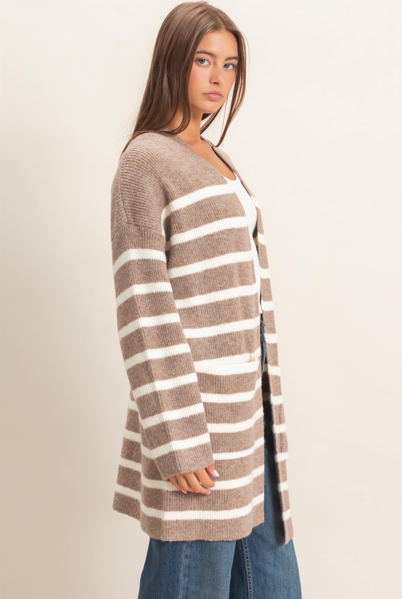Wholesale Open Front Stripe Cardigan Cardigans DZ26C342 DARK TAUPE DOUBLE ZERO