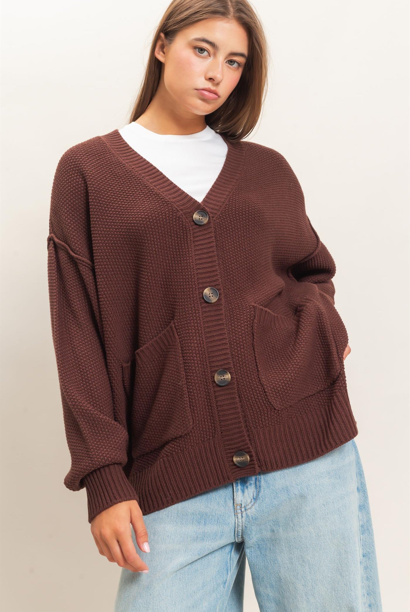 Wholesale Textured Oversized Knit Buttoned Cardigan Cardigans DZ26C971 DARK BROWN DOUBLE ZERO
