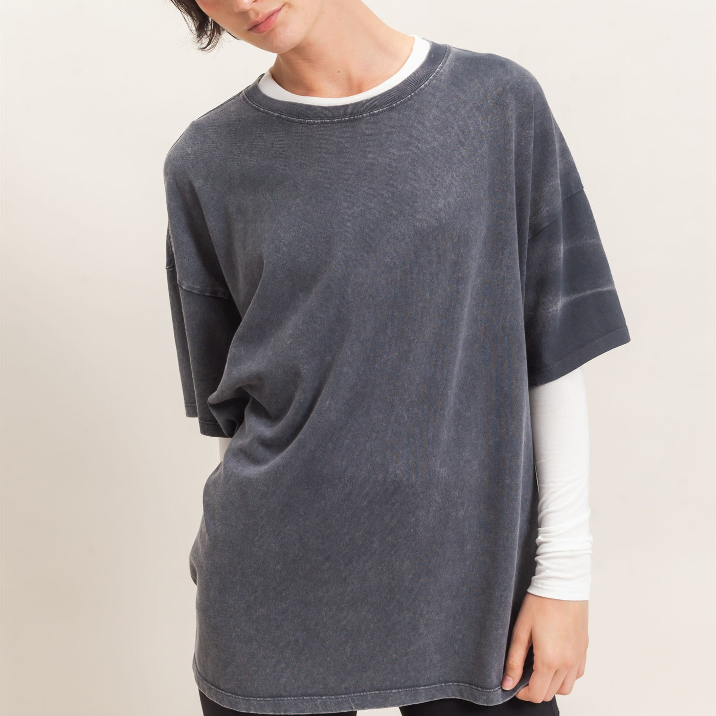 Wholesale Mineral Wash Oversized Crew Neck T-Shirts Clothing Tops DZ26C961 CHARCOAL DOUBLE ZERO