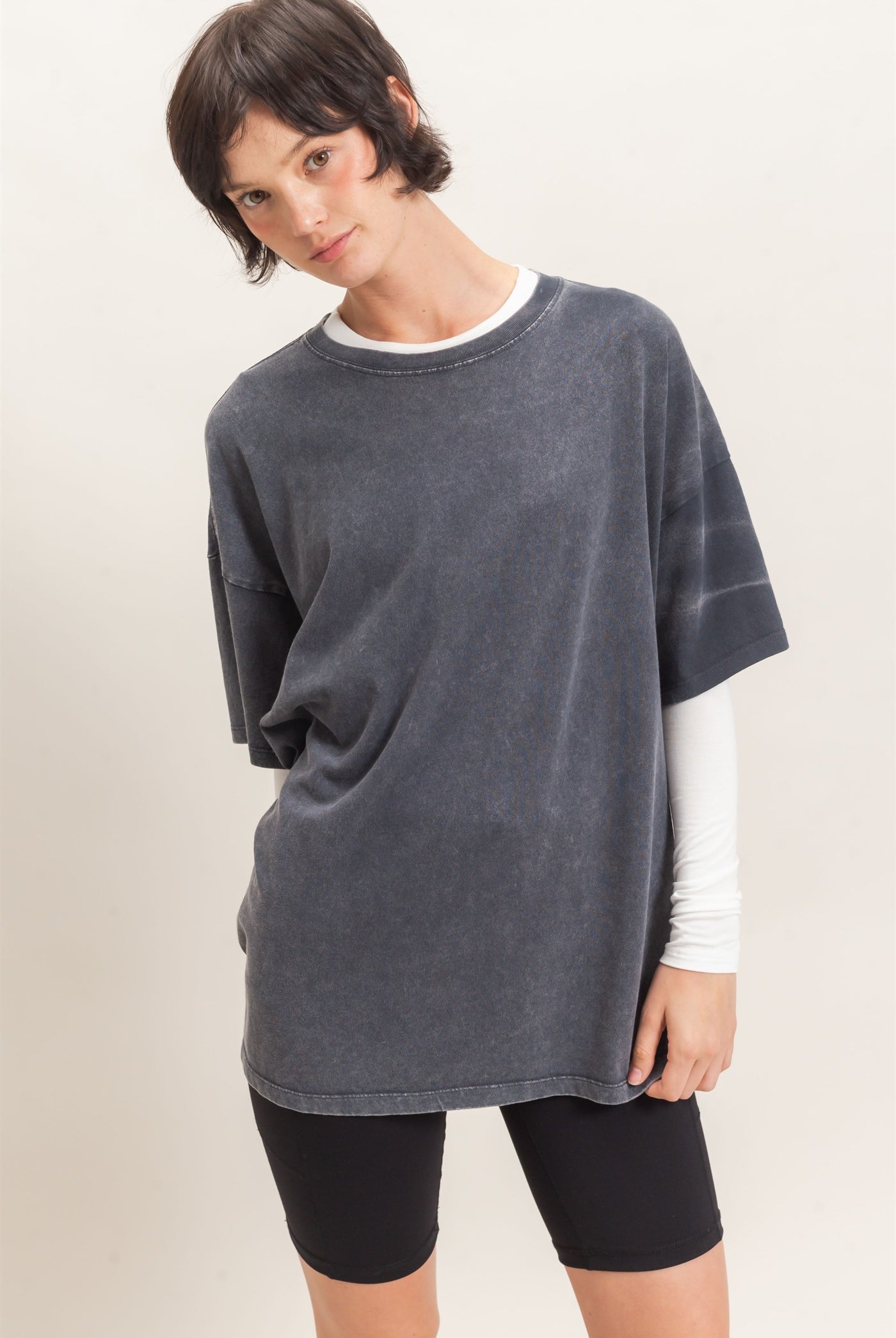 Wholesale Mineral Wash Oversized Crew Neck T-Shirts Clothing Tops DZ26C961 CHARCOAL DOUBLE ZERO
