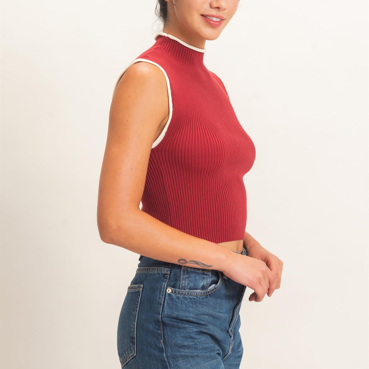 Wholesale Ribbed Mock Neck Sleeveless Top Clothing Tops DZ26E777 DARK RED DOUBLE ZERO