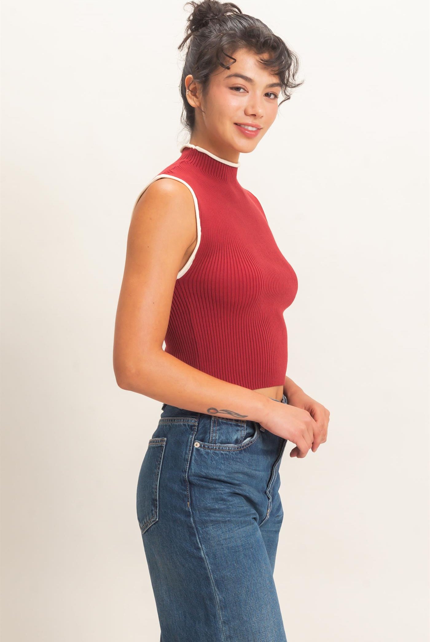 Wholesale Ribbed Mock Neck Sleeveless Top Clothing Tops DZ26E777 DARK RED DOUBLE ZERO
