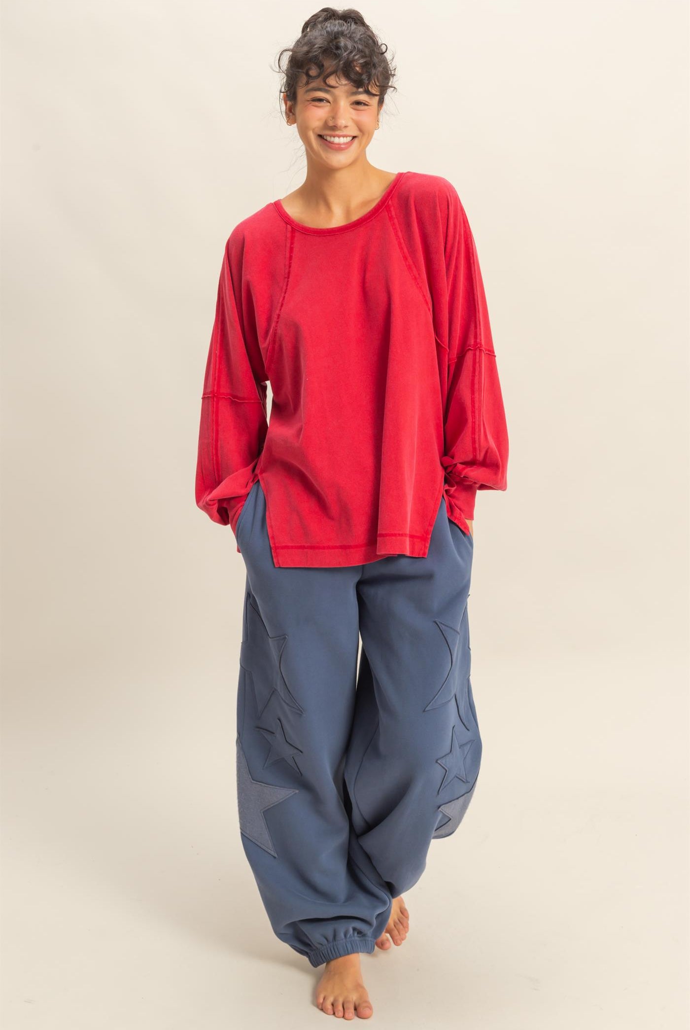 Wholesale Washed Oversized Long Sleeve Top With Slit Clothing Tops DZ25C921 RED HYFVE