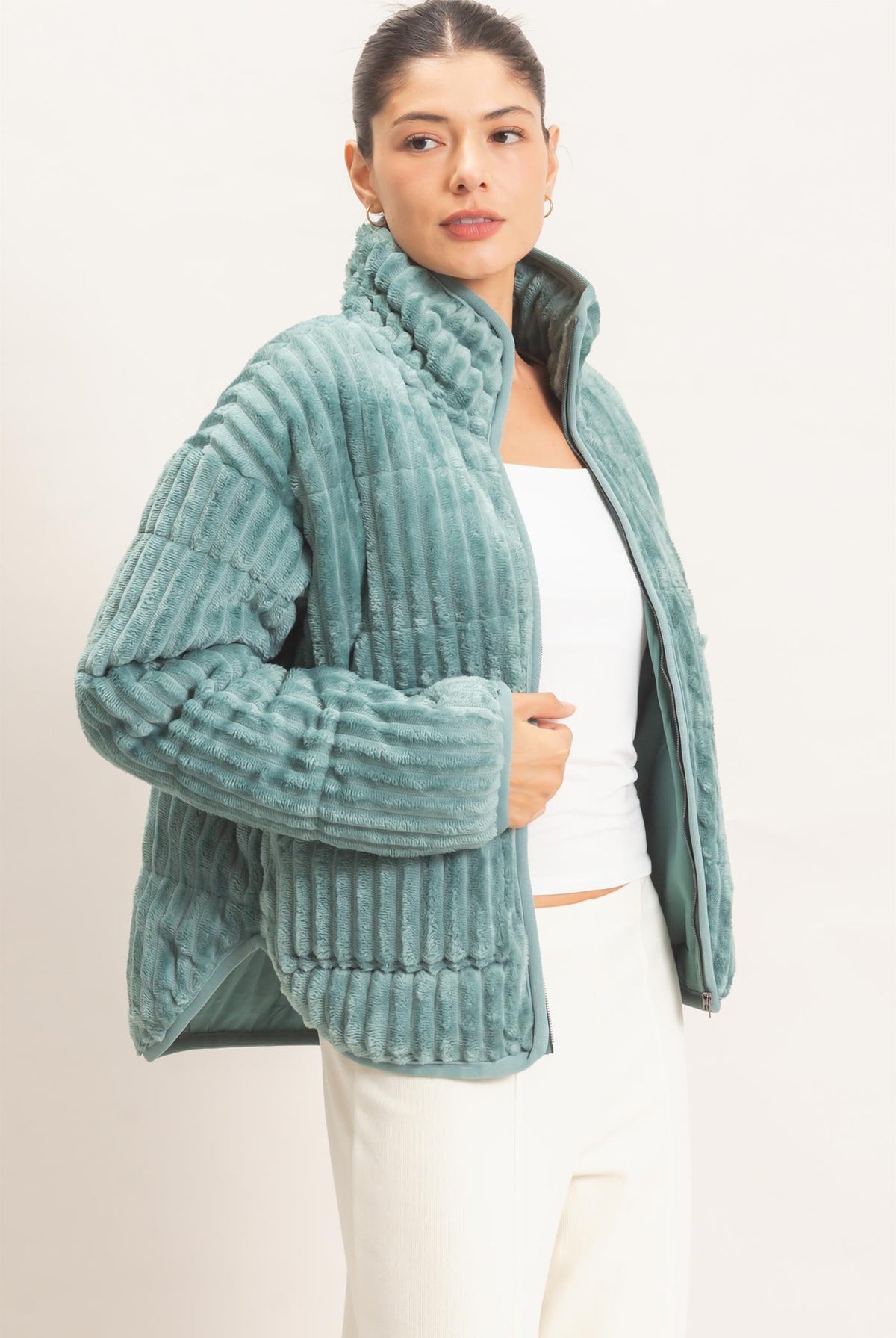 Wholesale Quilted Corduroy Zip-Up Jacket Coats & Jackets HF26E753 LIGHT TEAL HYFVE