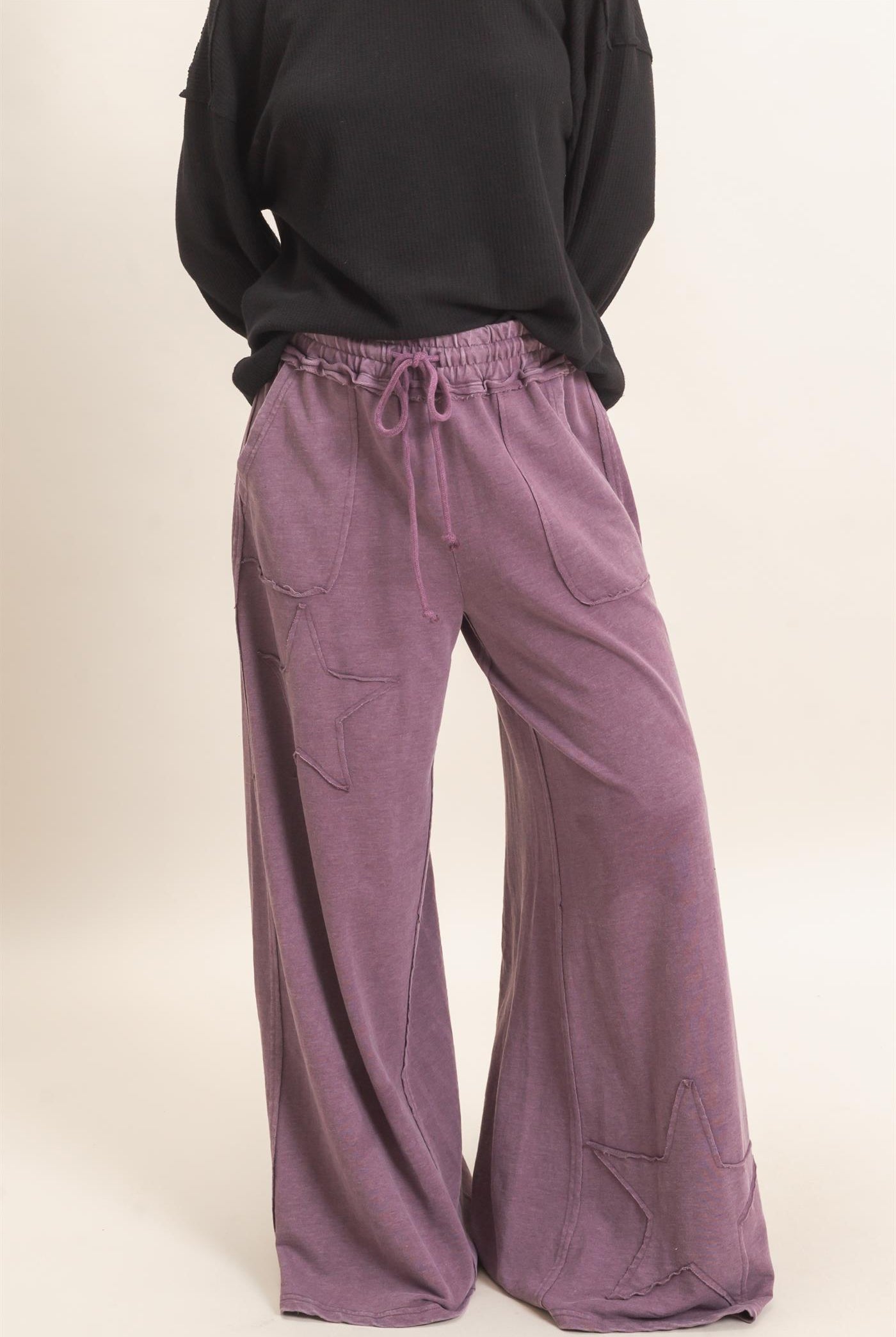 Wholesale Mineral Wash Star Patch And Print Wide Leg Pants Pants DZ26F060 DARK CHERRY DOUBLE ZERO