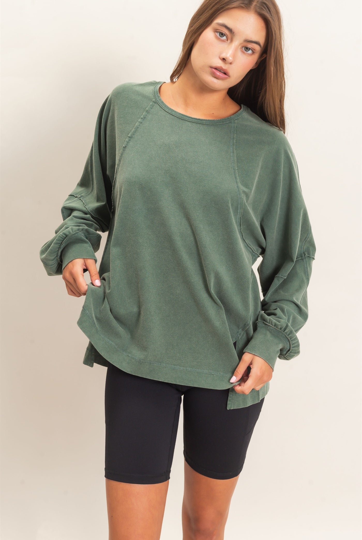 Wholesale Raglan Sleeve Snow Wash Top Shirts DZ26E945 DARK GREEN DOUBLE ZERO