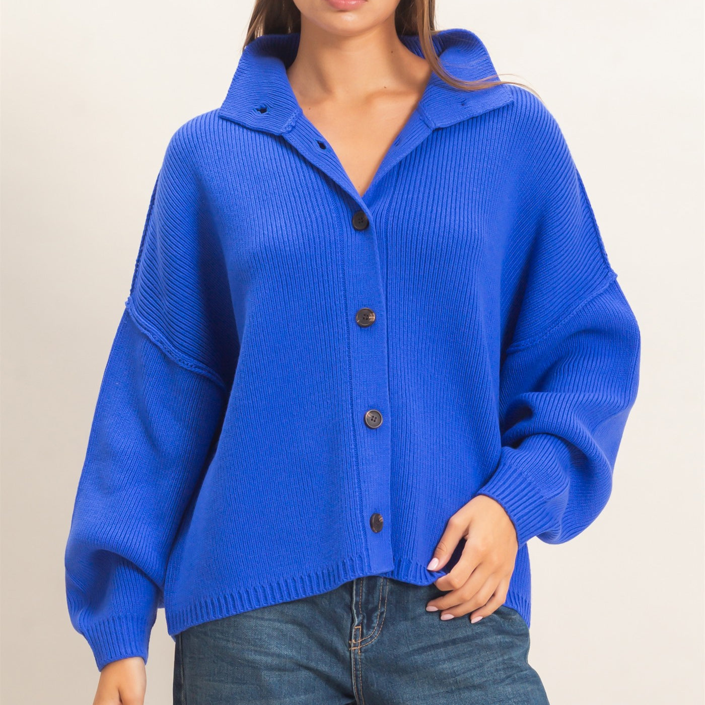 Wholesale High Neck Oversized Cardigan Cardigans DZ26E280 COBALT DOUBLE ZERO
