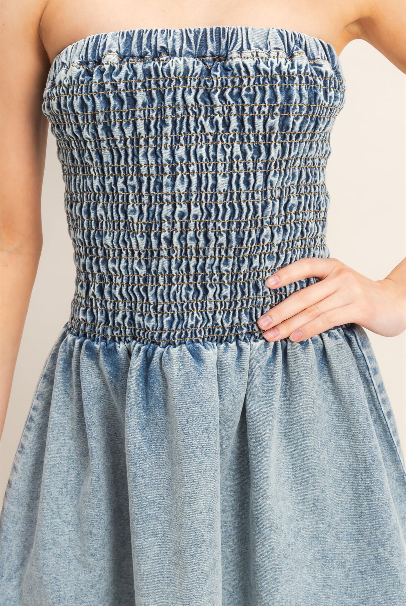 Wholesale Strapless Snow-Wash Dress Dresses HF26A491 LIGHT BLUE HYFVE