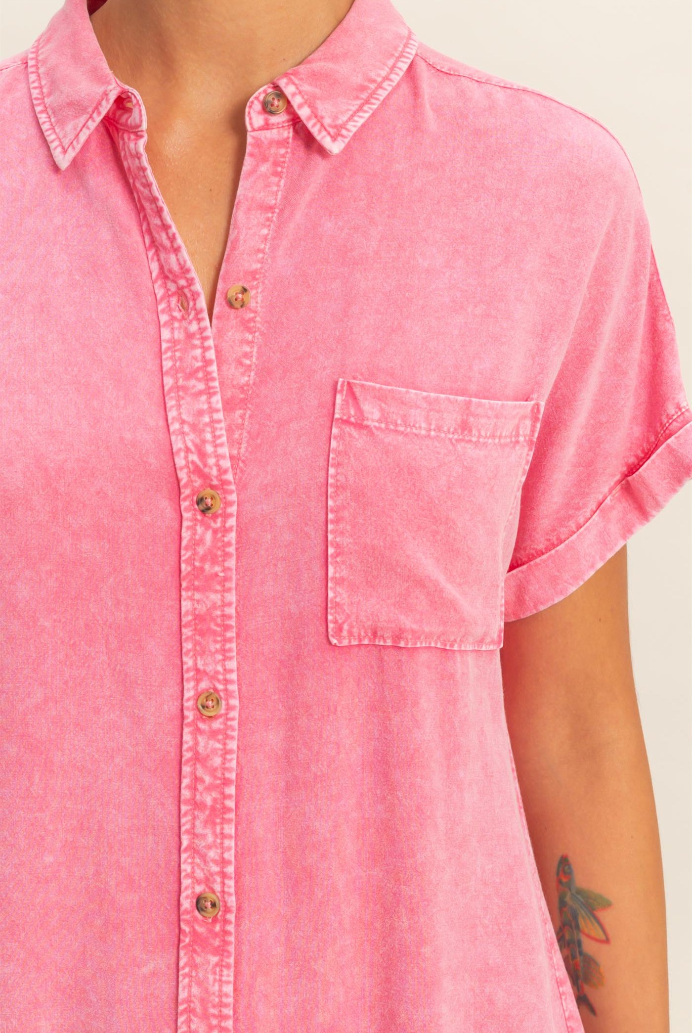 Wholesale Mineral Wash Button-Up Dolman Sleeve Shirt Shirts DZ26C132 TAFFY PINK DOUBLE ZERO